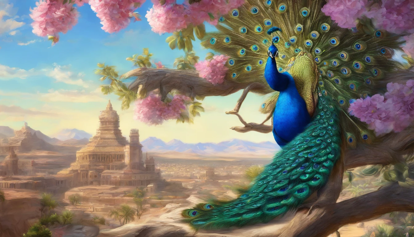 a close up of a peacock on a tree with flowers, beautiful and graceful, blue phoenix bird, show his beautiful feather ,peacock. intricate, peaceful and graceful, peacock in the desert, detailed beautiful animals, peacock, 4 k highly detailed art, beautiful and elegant, detailed painting 4 k, beautiful masterpiece, 8k high quality detailed art