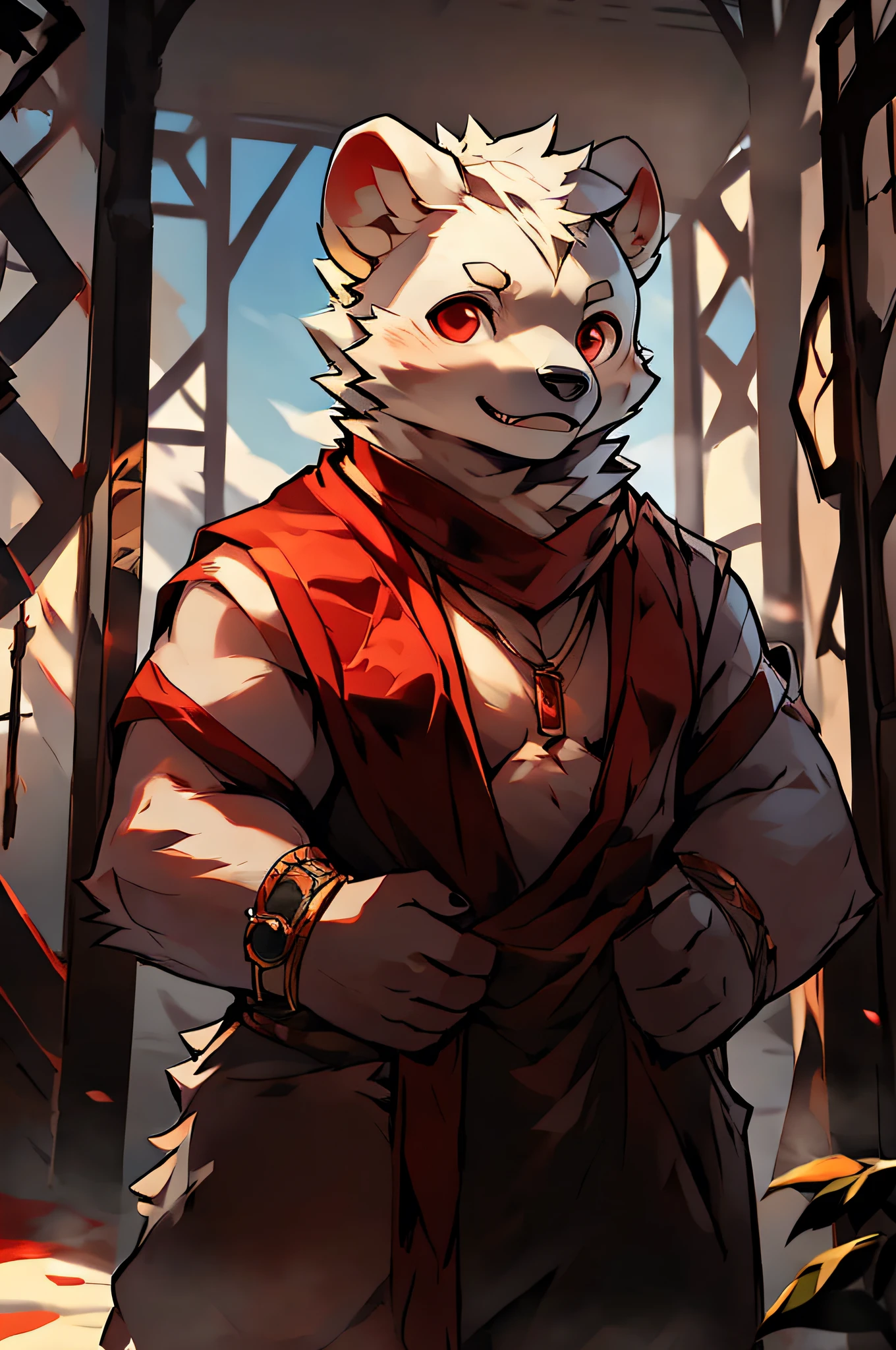 Master masterpieces,A high resolution,high qulity,Polar bear orcs, Polar bear boy,red shawl,Ultra high quality,Red eyes, White round ears.Round tail,Modern realism。 Detailed background,amazing background,Furry art