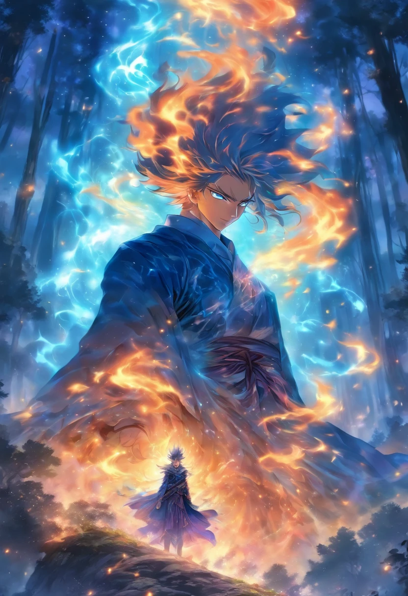 In ancient and overgrown forests, The essence of magic is formed through a young man, His hair was as black as a shadow，His eyes were brilliant golden flames. There is a mysterious mark on his neck, Flashing with latent power. In open space, He stood in a torrent of flames, The heat of fire is tempered by otherworldly energy. As magical flames hover and dance, It is reminiscent of a whirling dance of luminous particles, Each one was a fragment of his ethereal aura. Mysterious symbols materialize in mid-air, Their light cast an eerie glow under his highly focused attention. The scene exudes an ancient sense of power and hidden knowledge, As if the woods themselves were full of long-forgotten secrets. Mood is one of the intensities of tranquility, The balance of nature and magic is intertwined. The illustration style captures this aura of mystery through detailed digital art, Combine complex lines with a vibrant color palette. --AR 16:9 --V 5