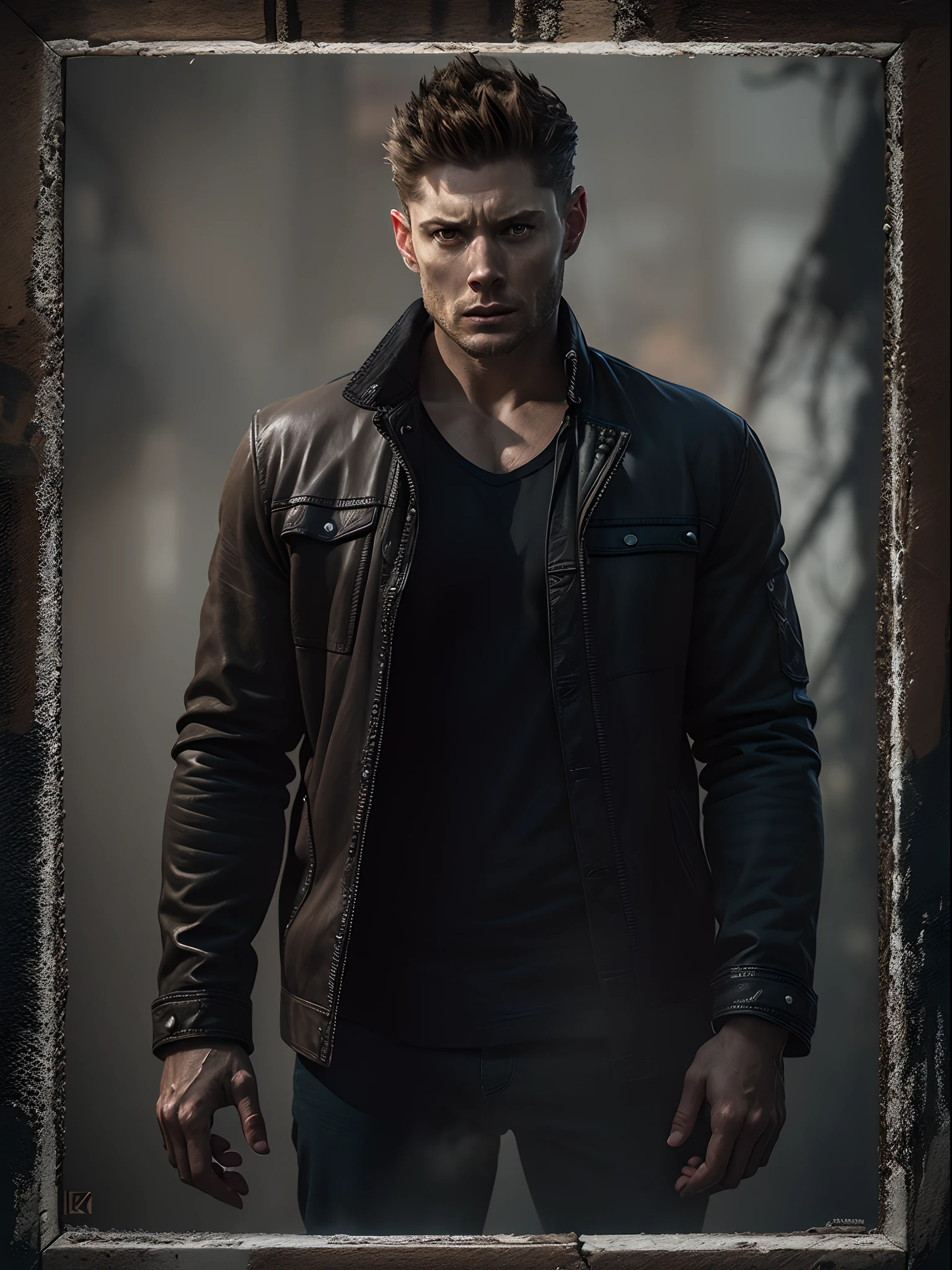 (8K, Best Quality, Masterpiece:1.2), (Photorealistic:1.4), RAW photo, Best Quality, extra high resolution, better shadow, (full - body:1.2), (Dean Winchester), Jensen Ackles,  torso, Large-scale stunning surroundings, Horror, Dark horror, highly detailed facial features, Beautiful and flawless face, Perfect eyes