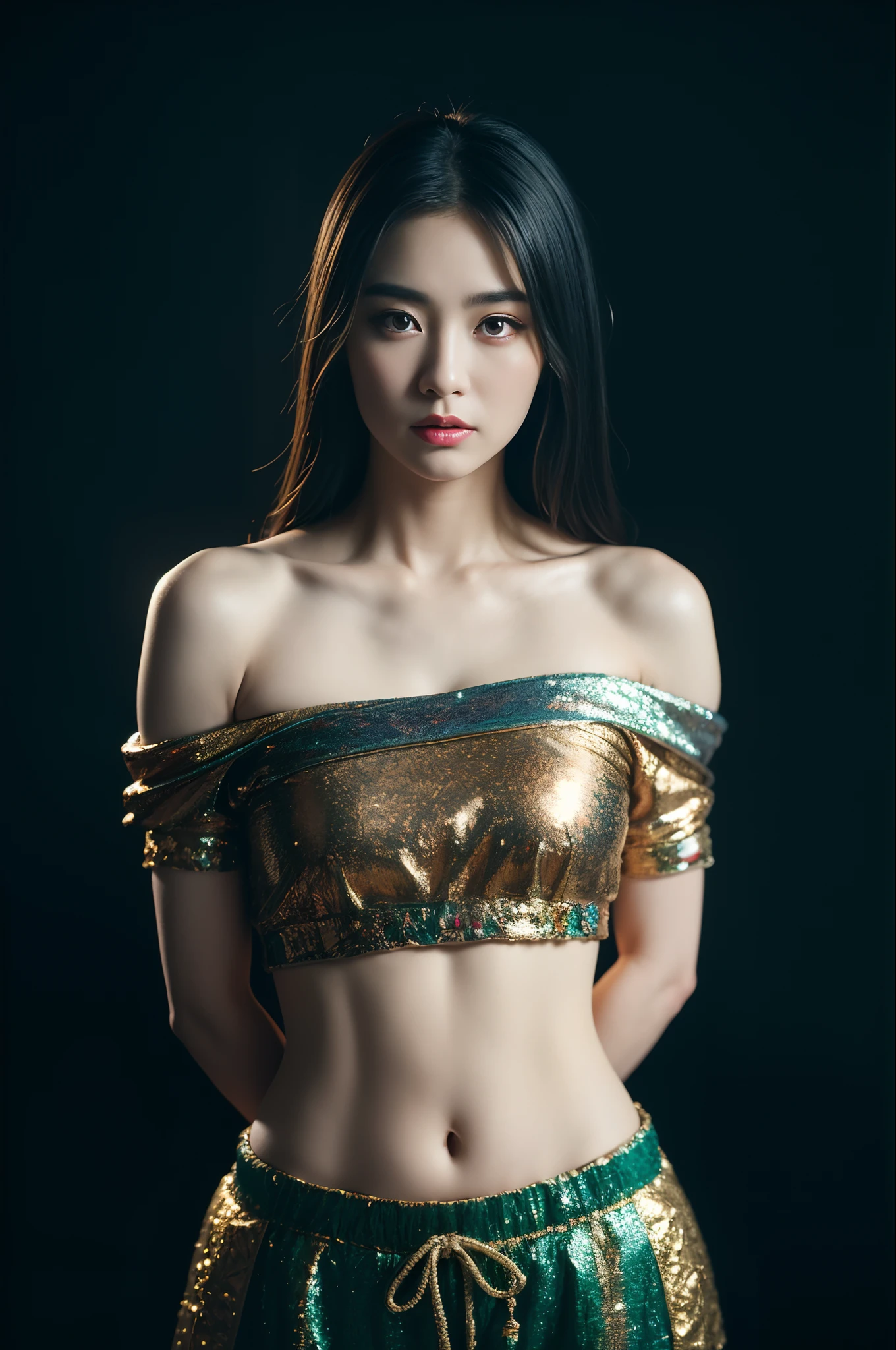 masterpiece, best quality, 1girl, aqua eyes, black hair, closed mouth, multicolored background, looking at viewer, outdoors, solo, upper body, alluring, clean, beautiful face, pure face, pale skin, sexy pose,((tube top, off shoulder, navel, shorts)), long hair, ((perfect female figure)), mature female, milf, narrow waist, chinese deity, seductive, highly detailed,best quality, masterpiece, highres, original, extremely detailed 8K wallpaper,masterpiece, best quality, illustration, beautifully detailed eyes, cinematic lighting,