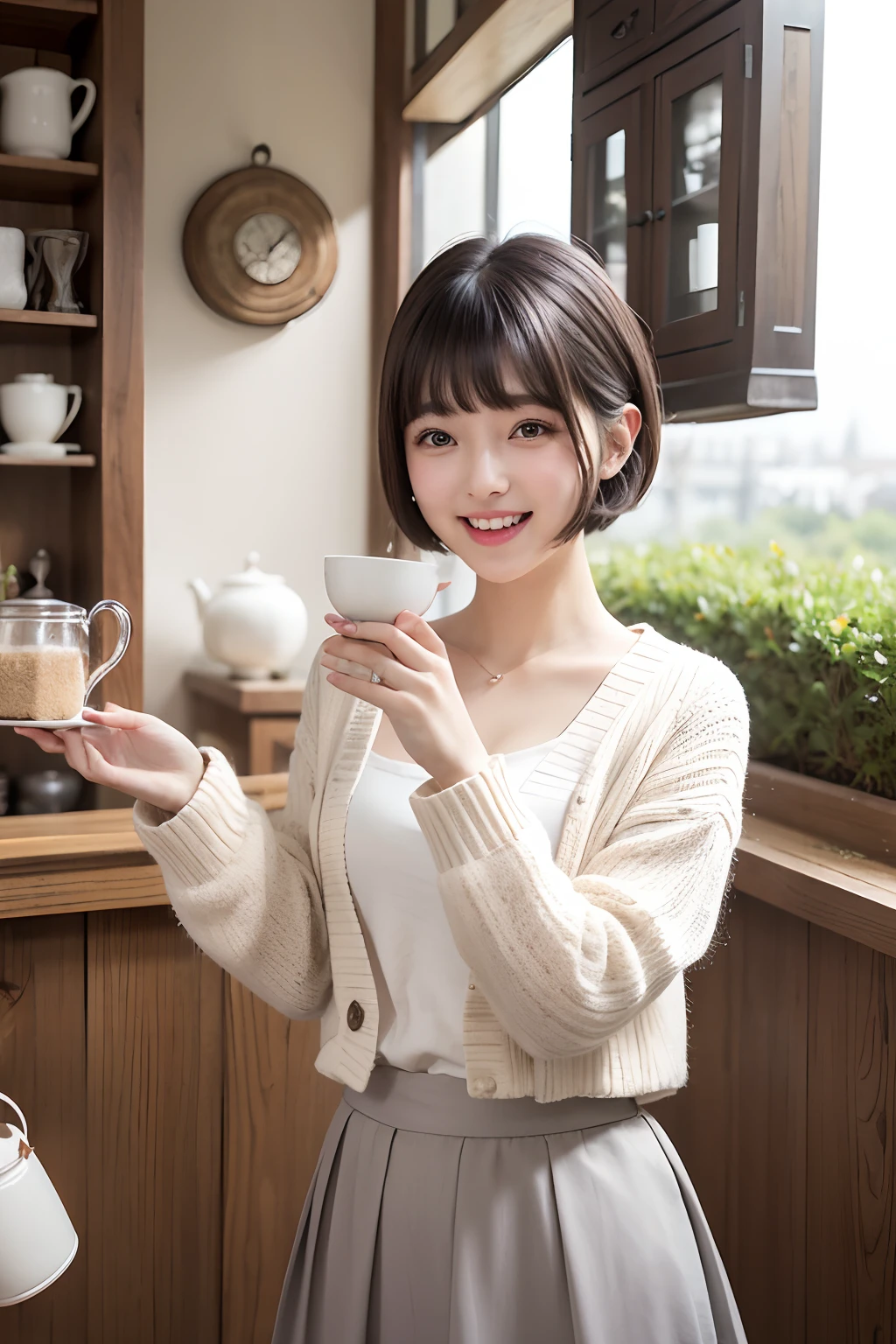 Photo Real、photoRealstic、girl1 A dark-haired、Light bangs、half up、short-hair、Hair splashing outward with round face Laughing expression、Facial expressions to enjoy、View here White cardigan、Gray long skirt Background with、tea shop
