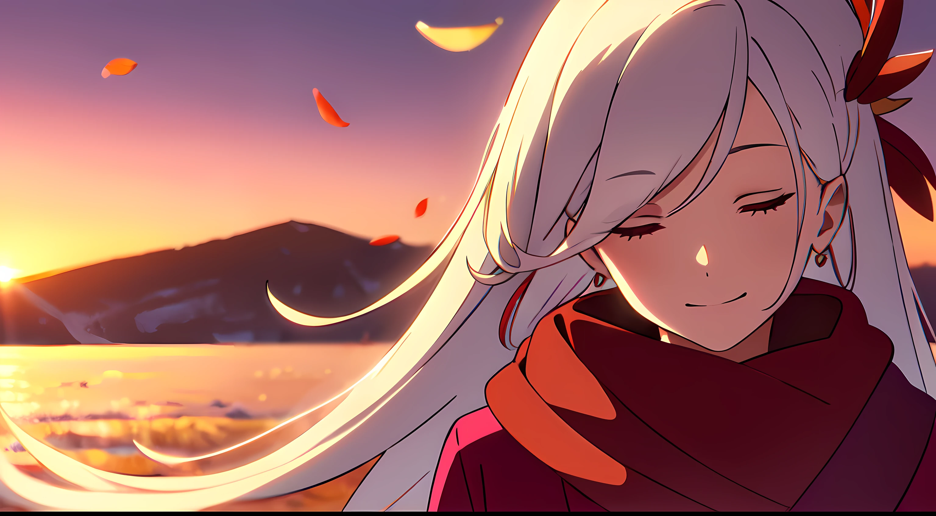 masterpiece, best quality, 1lady, solo, very long hair, white hair, blowing hair, (red flower hair ornament), earrings, closed eyes, smiling eye, maroon winter coat, black Scarf, blowing scarf, close up, look at viewer, light smile, autumn scenery, fallen leaf, sunset sky