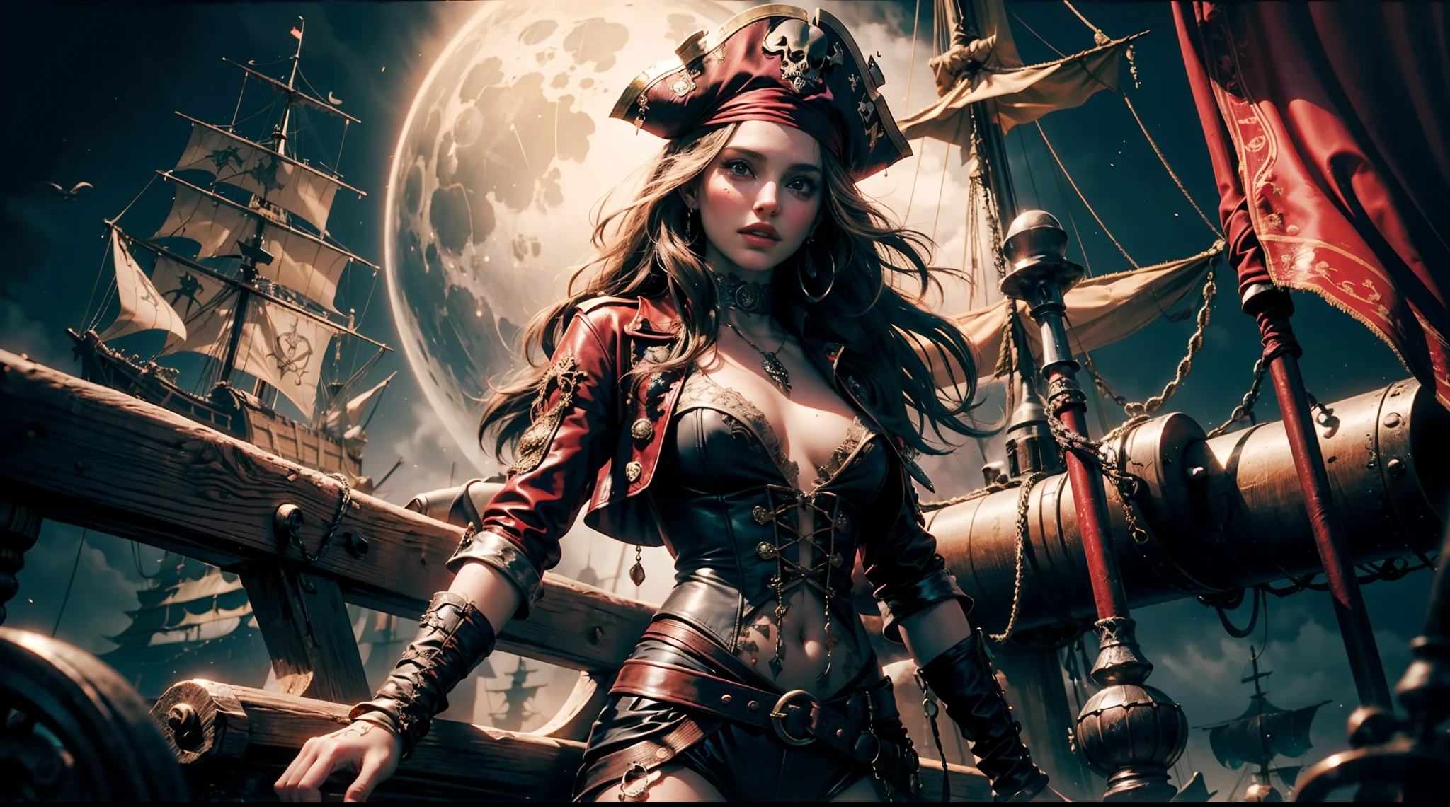 1970's dark fantasy heavy metal. natalie portman as pirate girl. (pirate ship night desolation). freckles. slender and beautiful. intricate detail. red leather outfit. vibrant colors