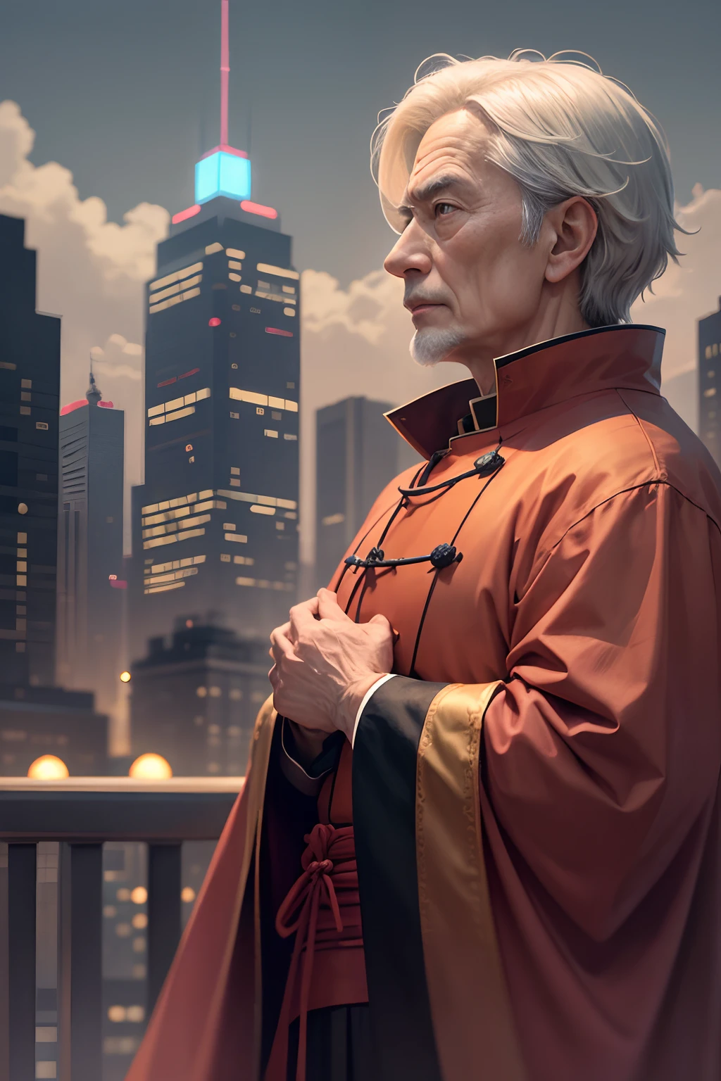 A wise old Taoist priest stands at the top of a tall building in the middle of the city, Gaze at the distant sky. He frowned worriedly。, There was a hint of worry in his eyes. He is surrounded by towering buildings and bustling streets, As if to emphasize his loneliness and anxiety.