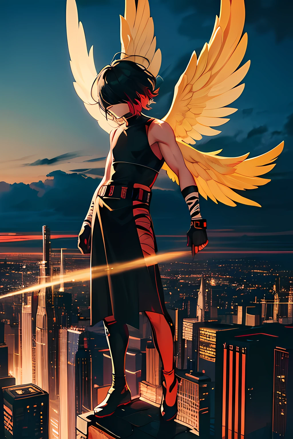 1angel guy, black hair, yellow eyes, techno like clothing, futuristic city, black bandage covering eyes