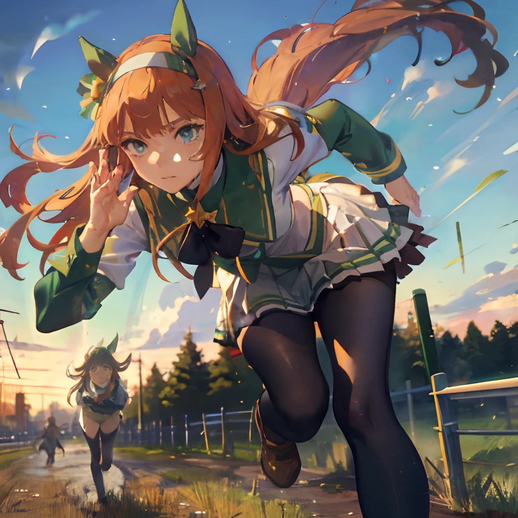 Masterpiece, Best Quality, close up, face shot,
silence suzuka \(umamusume\),, white skirt, pleated skirt, black tights, white bra with patches, black bow, running, Loose grass, heel, Butt view, full length, Srusy