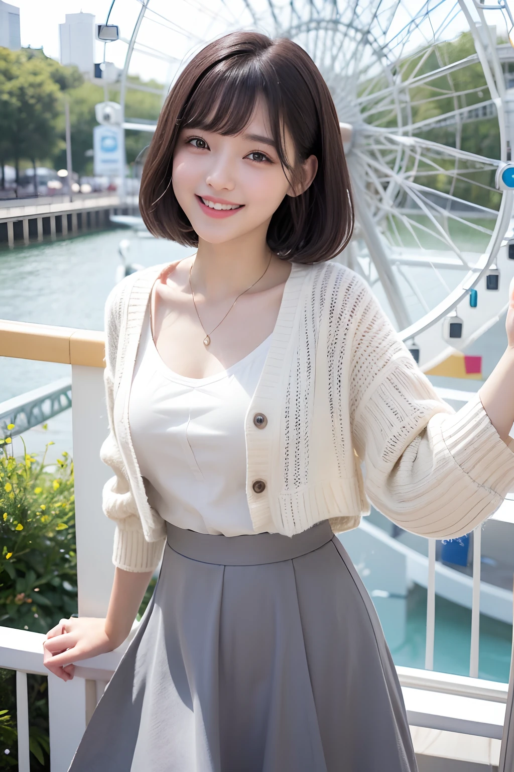 Photo Real、photoRealstic、girl1　A dark-haired、Light bangs、half up、short-hair、Hair splashing outward　with round face　Laughing expression、Facial expressions to enjoy、View here　White cardigan、Gray long skirt　Background with、Inside the Ferris wheel
