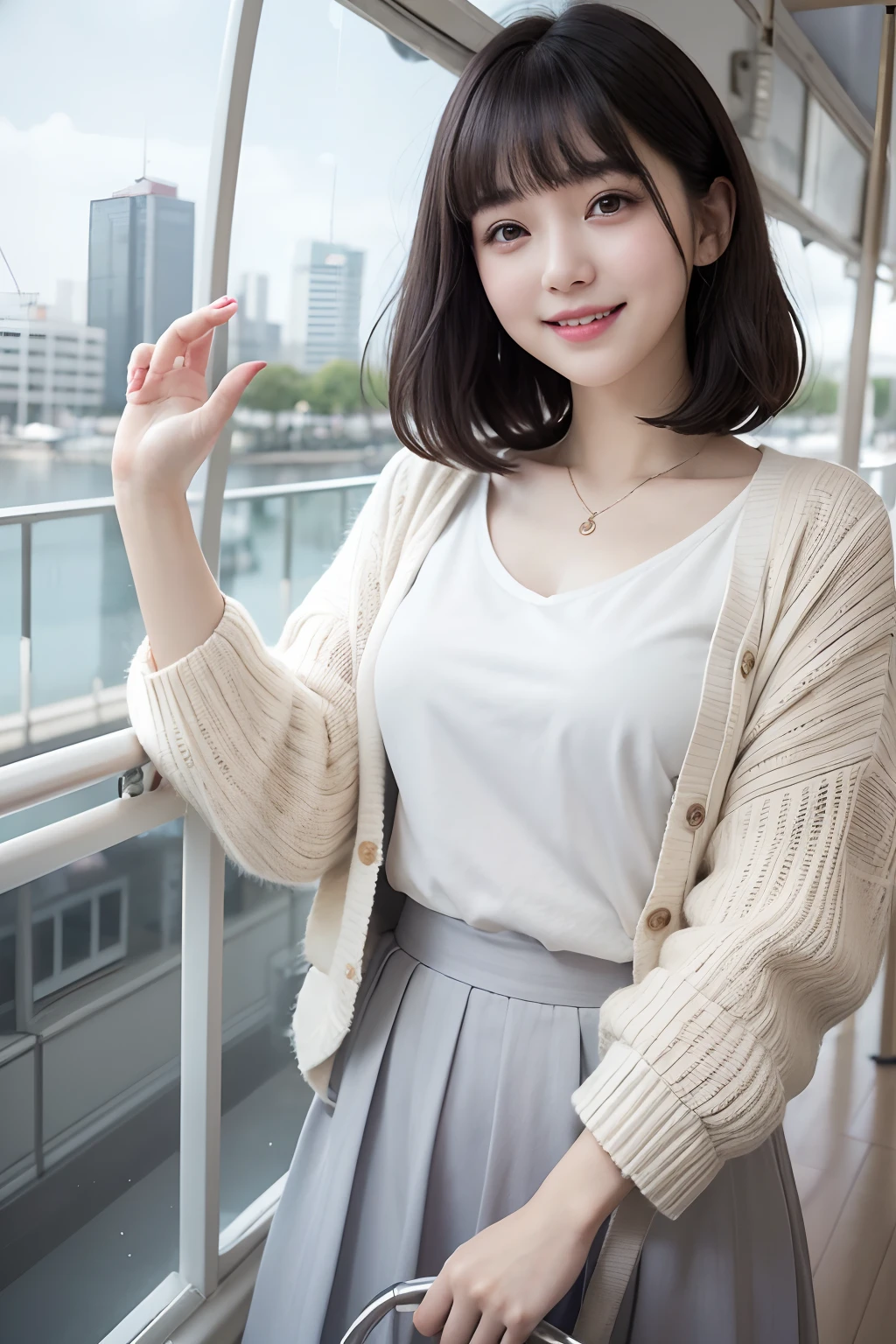 Photo Real、photoRealstic、girl1 A dark-haired、Light bangs、half up、short-hair、Hair splashing outward with round face Laughing expression、Facial expressions to enjoy、View here White cardigan、Gray long skirt Background with、Inside the Ferris wheel