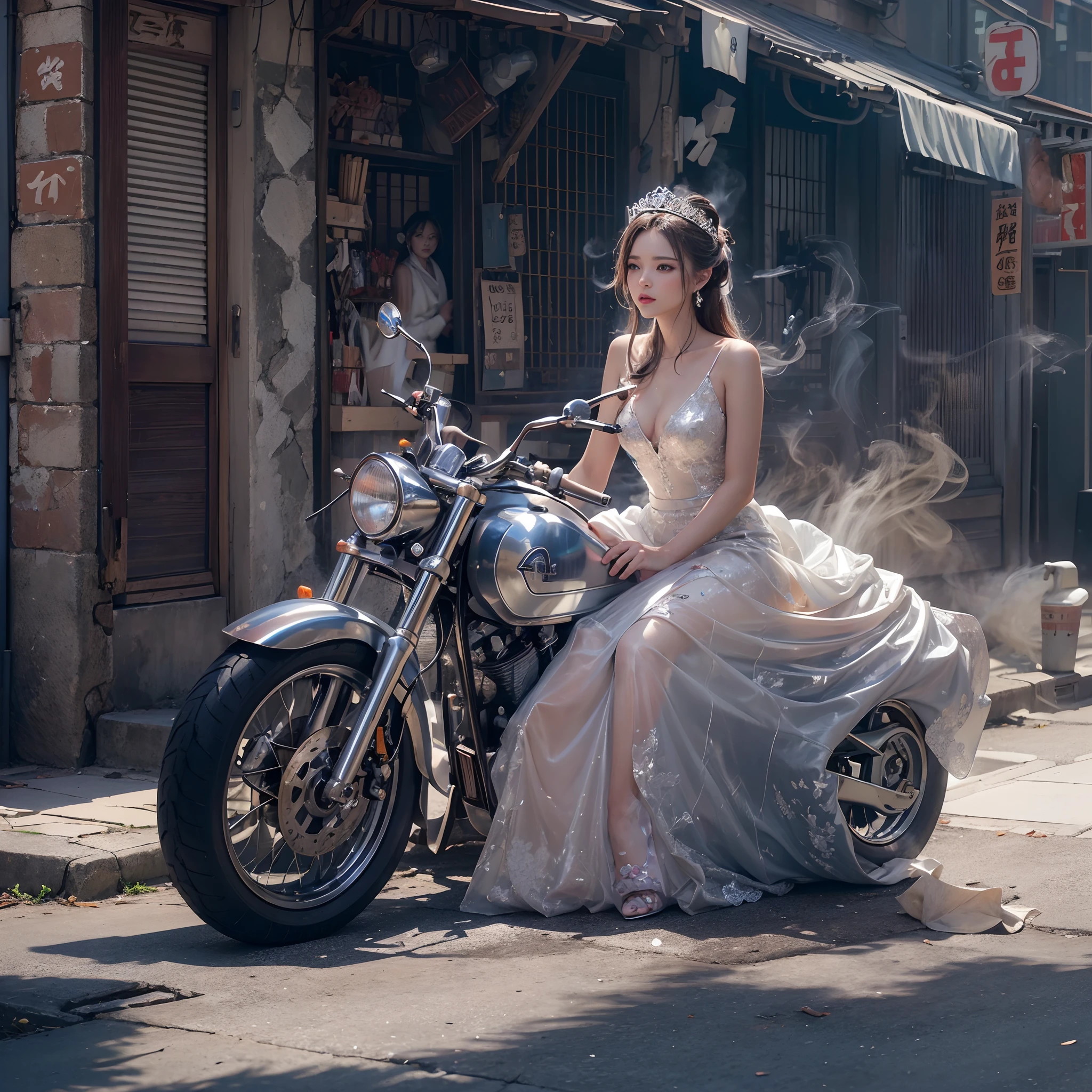 (((nffsw))), (((masutepiece))), (((8K))), (((hight resolution))), (((surrealism))), (((Cinematic lighting))), god rays, Zoom Layer, (((FULL BODYSHOT))), F/4.0, canon, Shiny skin,Detailed skin,Detailed face, Detailed eyes, Beautiful Japan Yankee bride, Back alley, Royal Tiara, see-through wedding dresses, silver earing, Large Sapphire, Yankee sitting with legs spread on the street, smoking tobacco, Large Motorcycles