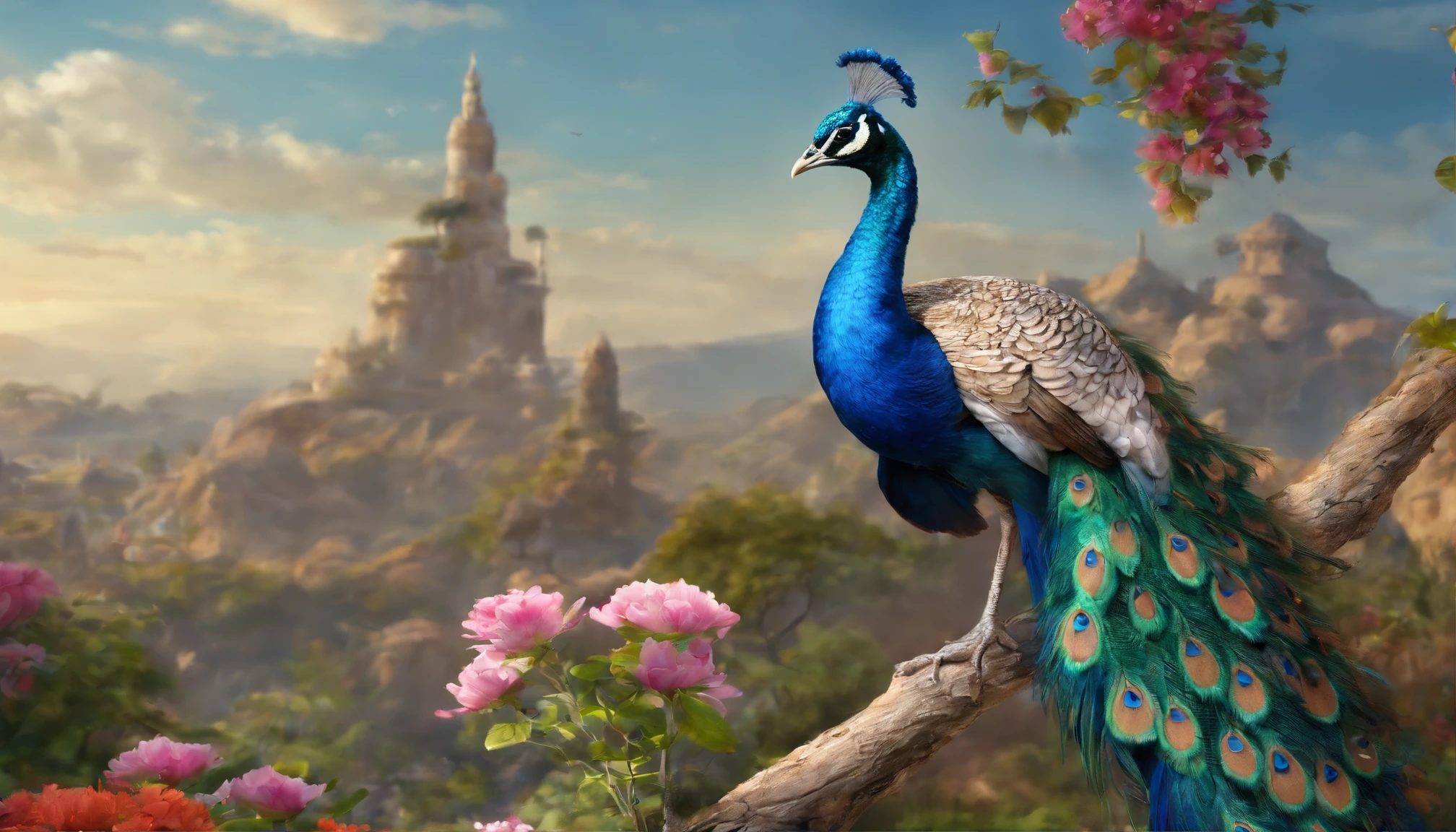 a close up of a peacock on a tree with flowers, beautiful and graceful, blue phoenix bird, show his beautiful feather ,peacock. intricate, peaceful and graceful, peacock in the desert, detailed beautiful animals, peacock, 4 k highly detailed art, beautiful and elegant, detailed painting 4 k, beautiful masterpiece, 8k high quality detailed art