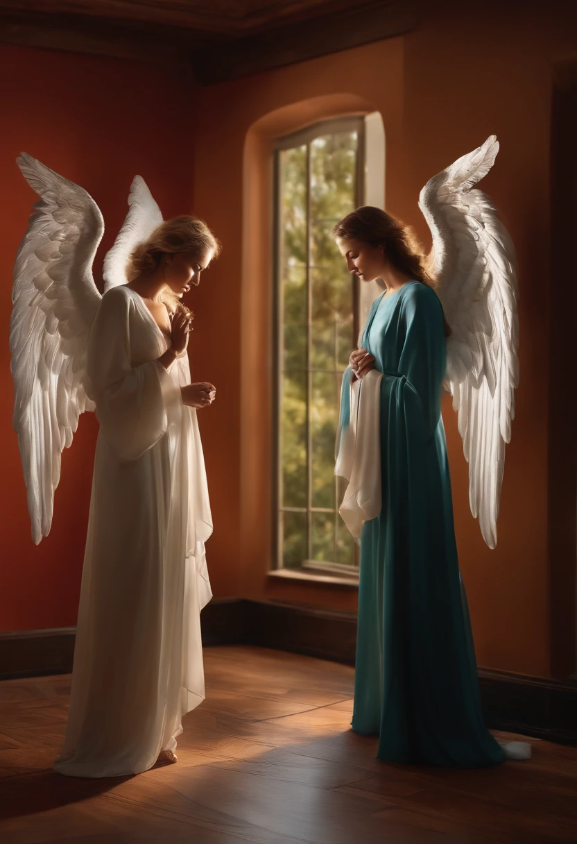 Hyper realistic image of two angels visiting a modern home
