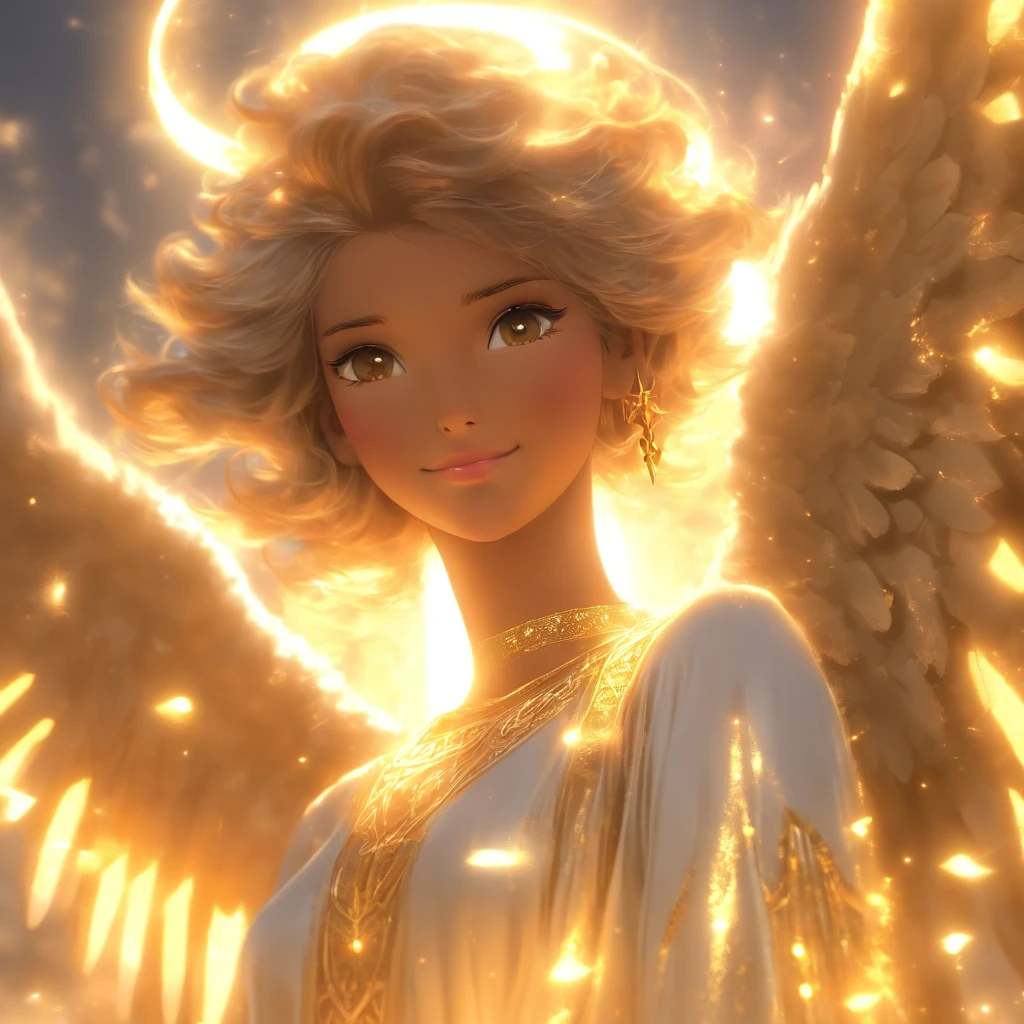 (Numerous award-winning masterpieces, with incredible detail, textures and maximum detail), (full-body standing image:1.8), (upper body up:0.3), (hyper realistic:1.4), (realistic:1.3), (best quality real texture skin), (finely detailed true circle Symmetrical eyes), (finely drawn beautiful face), (Angel Light Circle of Divine Radiance Overhead: 1.8), ((medieval world)), (black angel of the Lord or white angel of the Lord:1.6), (full-body standing image:1.8), (Beautiful kind eyes), (she has a blissful smile on her face), (Beautifully colored eyes filled with compassion), (full-body standing image:1.8), Shining majestic cloud masses and sky, (halo optical phenomenon:1.3), (Angels dancing in the background:1.4), (Dramatic Light), (majestic sight), (Her expression is serene full of tenderness and very beautiful), ((Large wings with pure white feathers behind the shoulders)), (((Folded wings))), Glass earrings on the ears, (((dramatic photo))), (twilight), (sunset), (dusk), (Sacred Pose), (golden hair), (silver hair), (chestnut hair), Short cut hair, ((looks up)), ((looking down)), ((gives full-body standing image)), (Around her neck is a simple necklace of exquisite workmanship), Old ruins infested with plants, great temple, great cathedral, temple ruins, detached temple, (Luminous magic circle), Ruins of an ancient castle, Deserted ruins, crumbling ruins, Ancient ruins with clear water, Sacred Light, epic realistic, ((neutral colors)), (hdr:1.5), (muted colors:1.2), hyper detailed, cinematic, warm lights, dramatic light, (intricate details:1.1), complex background,