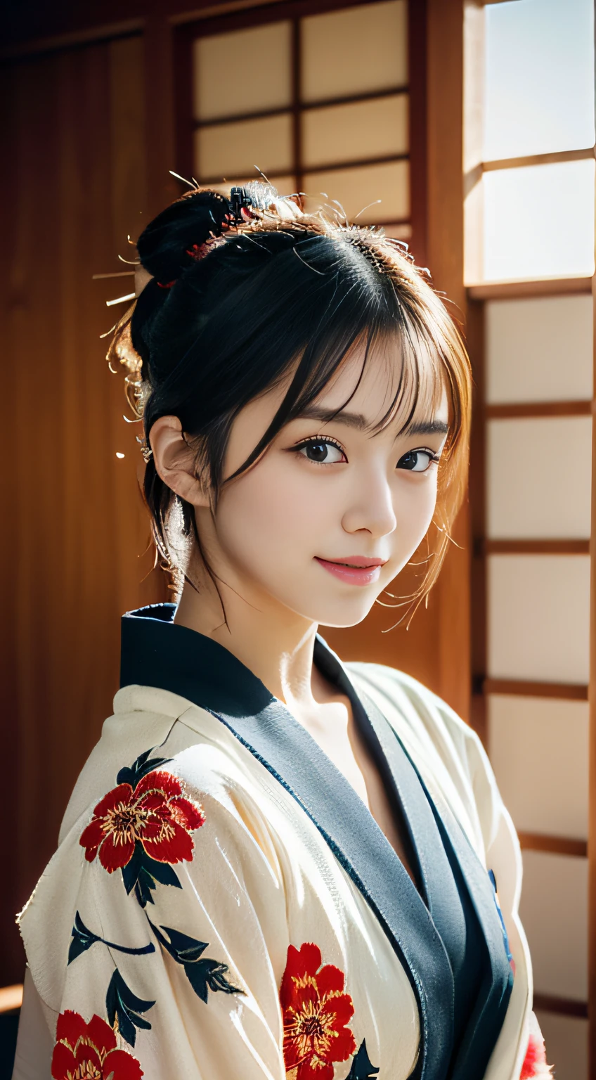 (((32k,high detal,high-detail、masterpiece,Attention to detail,full body Esbian,独奏))),Raw photo & realistic atmosphere,beautiful dark blue eyes,Detailed mouth,Glossy lips,Detailed eyebrows,Eyes drawn in detail with soft white skin that shines in every detail、Very beautiful eyes with azure eyes,Detailed lips、Very beautiful face,Very well-formed face、Lifelike face,shiny beautiful lips,Beautiful eyebrows,Infinite reality, Realistic Young Gravure Idol,Very cute high school girl, , Young Sensual Gravure Idol, Young Gravure Idol, extremely beautiful and cute17--old pointed samurai beautiful girl,with a flushed face,Incredibly beautiful and classy17 year beautiful girl,natural soft light,(Black shiny hair,,bare-legged,Samurai kimono and black hakama,Beautiful kind eyes:1.5),(youthfulness,Severe wear and tear,Gentle smile,well-shaped breasts,,Immature body,japanese samurai,Japanese-style floral kimono with red-black base,Japanese style medium shorthair,Hang your hair high and tie it into one,Beautiful posture,crouching down,no-makeup,woman samurai,woman swordsman,Influence of Shinsengumi,Looking into the distance,Japanese pattern haori,Japanese style hair ornament,Black Hakama:1.6)