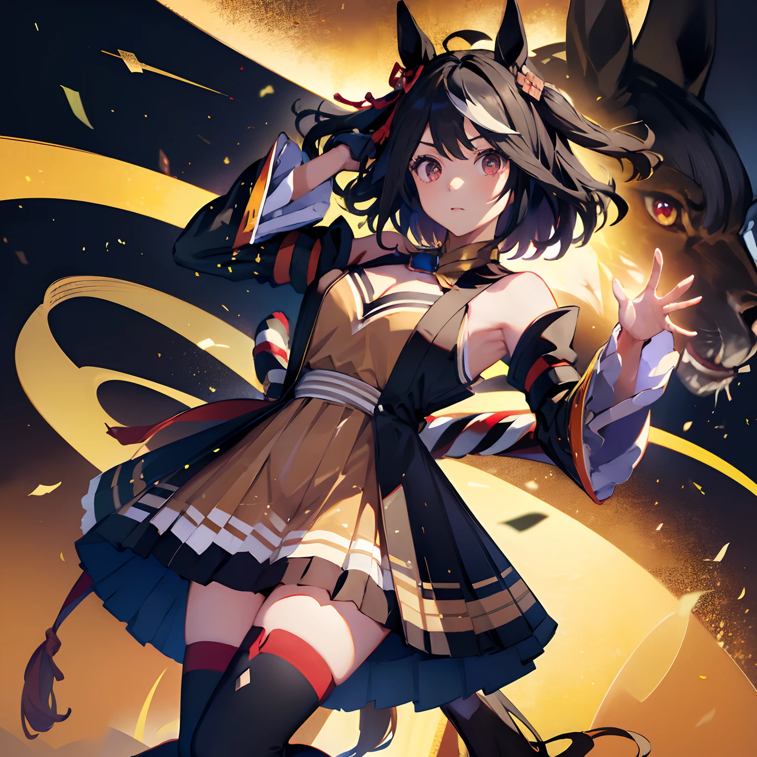 「​masterpiece,top-quality,a closeup,Face Shots,kitasan black_(Umamusume), 1girl in,Animal ears ,Horse ears ,Horse Girl ,Horse tail,masutepiece, Best Quality,Hair Ribbon, Hair Ornament, Fingerless gloves, yellow gloves, Komono, Long sleeves, Wide sleeves, Detached sleeves, Bare shoulders, Clothes Cutout, cleavage cutout, Kohaku ship, Brown skirt, Pleated skirt, zettai ryouiki, black thighhighs, Sandals, red footwear, 」