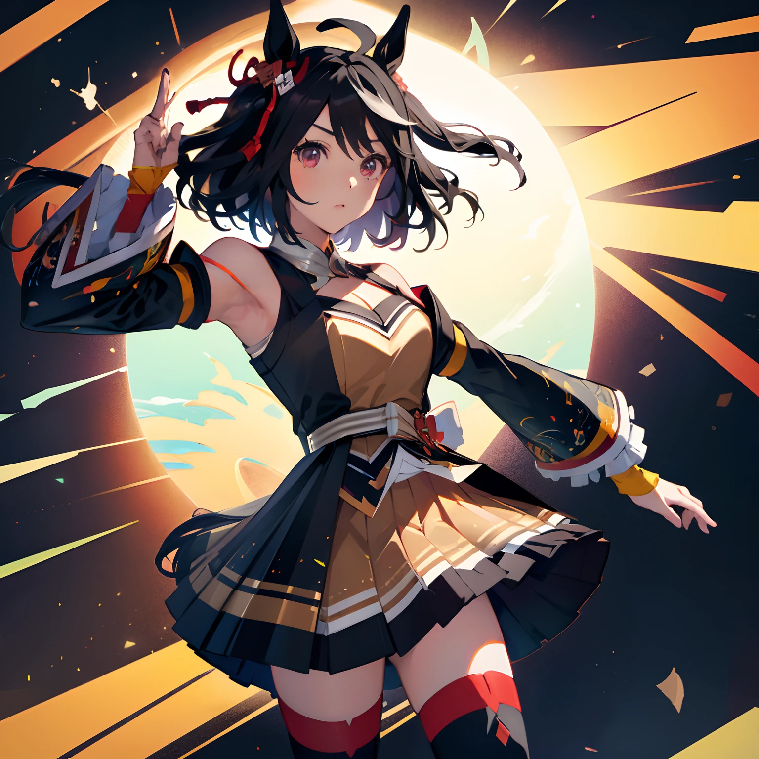 「​masterpiece,top-quality,a closeup,Face Shots,kitasan black_(Umamusume), 1girl in,Animal ears ,Horse ears ,Horse Girl ,Horse tail,masutepiece, Best Quality,Hair Ribbon, Hair Ornament, Fingerless gloves, yellow gloves, Komono, Long sleeves, Wide sleeves, Detached sleeves, Bare shoulders, Clothes Cutout, cleavage cutout, Kohaku ship, Brown skirt, Pleated skirt, zettai ryouiki, black thighhighs, Sandals, red footwear, 」