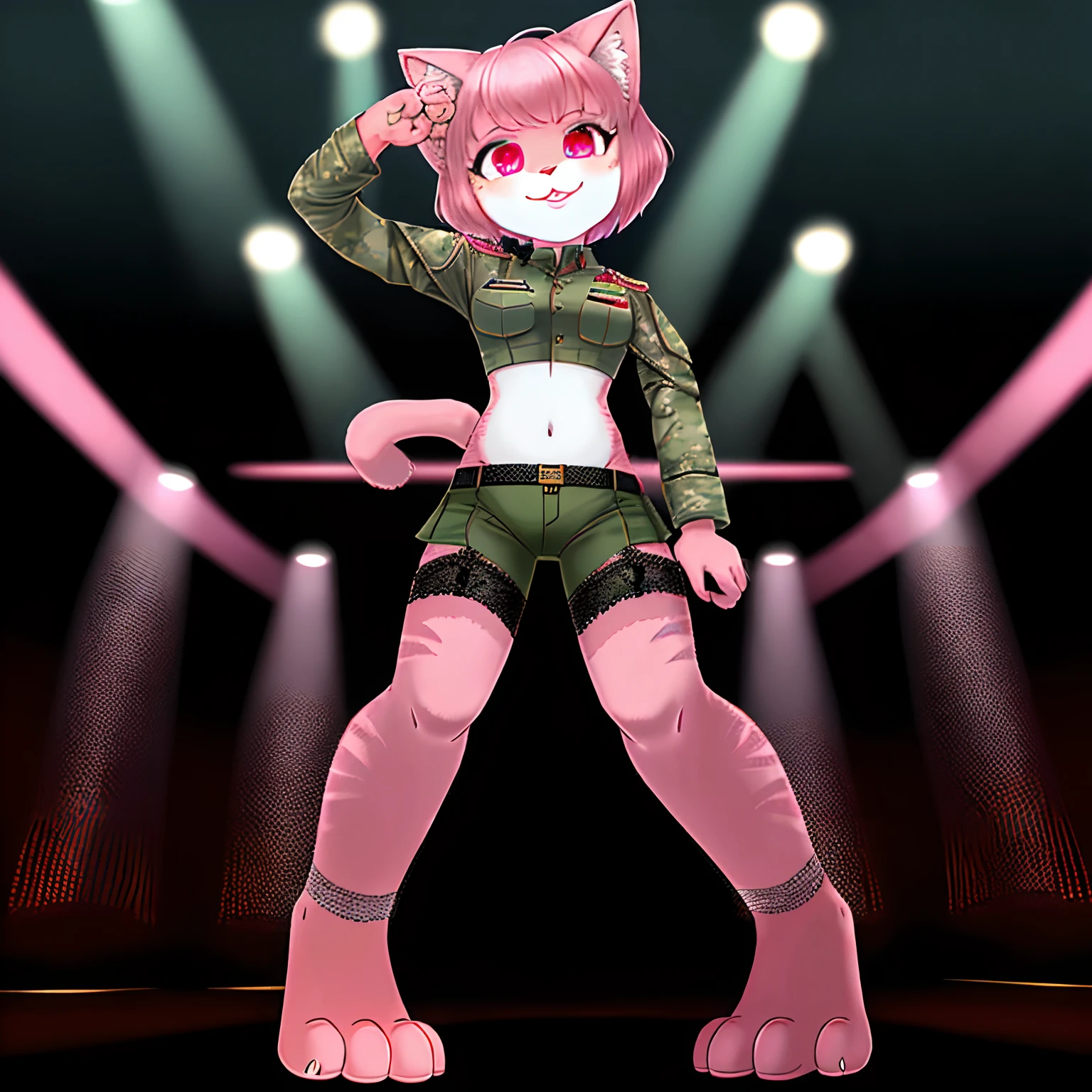 downy furry,,loli,PINK hshort hair ,PINK CATt eye, pink downy furry skin,PINK CAT ears, pink furry hand,PINK CAT tail,a strip of furry cat tail,furry CAT legs,furry CAT foot,furry face, furry torso,furry navel,furry lips,furry cat mouth,good anatomy,good artist,good quality,good detail,full body,Nightclub,Military uniform,Sexy lingerie