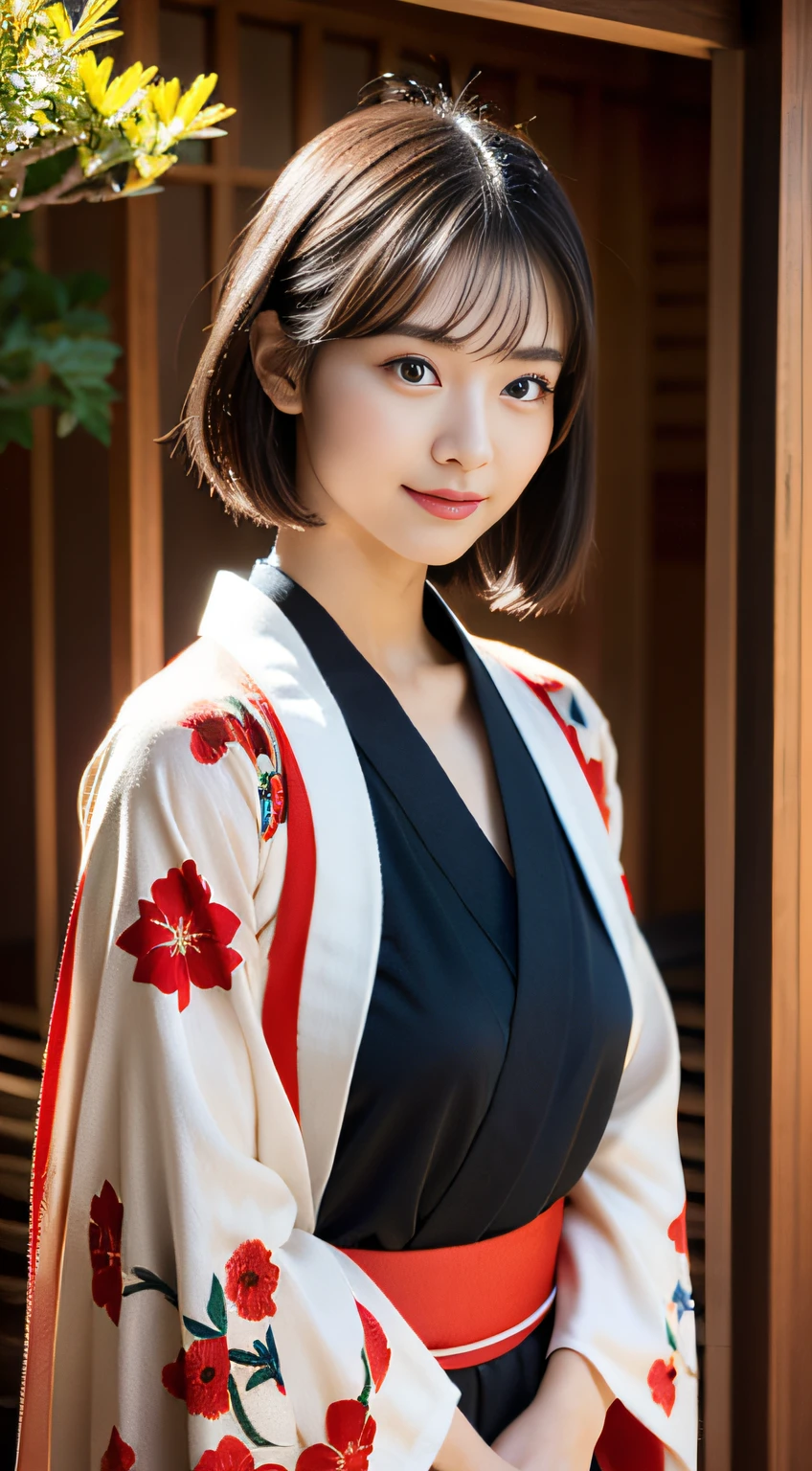 (((32k,high detal,high-detail、masterpiece,Attention to detail,full body Esbian,独奏))),Raw photo & realistic atmosphere,beautiful dark blue eyes,Detailed mouth,Glossy lips,Detailed eyebrows,Eyes drawn in detail with soft white skin that shines in every detail、Very beautiful eyes with azure eyes,Detailed lips、Very beautiful face,Very well-formed face、Lifelike face,shiny beautiful lips,Beautiful eyebrows,Infinite reality, Realistic Young Gravure Idol,Very cute high school girl, , Young Sensual Gravure Idol, Young Gravure Idol, extremely beautiful and cute17--old pointed samurai beautiful girl,with a flushed face,Incredibly beautiful and classy17 year beautiful girl,natural soft light,(Black shiny hair,,bare-legged,Samurai kimono and black hakama,Beautiful kind eyes:1.5),(youthfulness,Severe wear and tear,Gentle smile,well-shaped breasts,,Immature body,japanese samurai,Japanese-style floral kimono with red-black base,Japanese style medium shorthair,Hang your hair high and tie it into one,Beautiful posture,crouching down,no-makeup,woman samurai,woman swordsman,Influence of Shinsengumi,Looking into the distance,Japanese pattern haori,Japanese style hair ornament,Black Hakama:1.6)