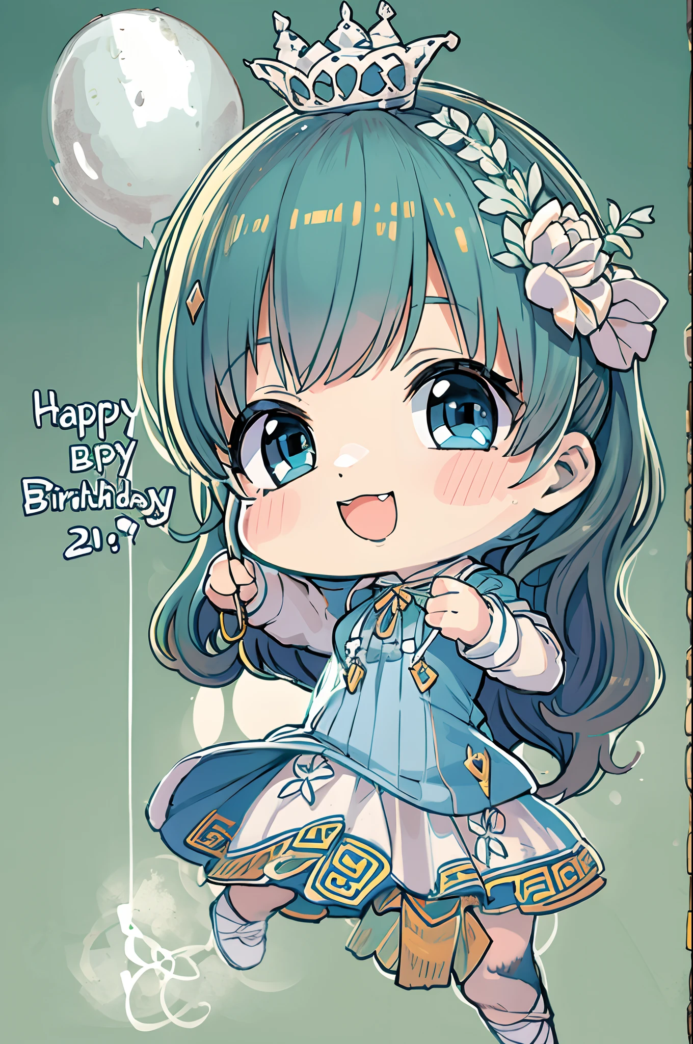 Araf girl in blue dress posing for photo, happy birthday、Chibi