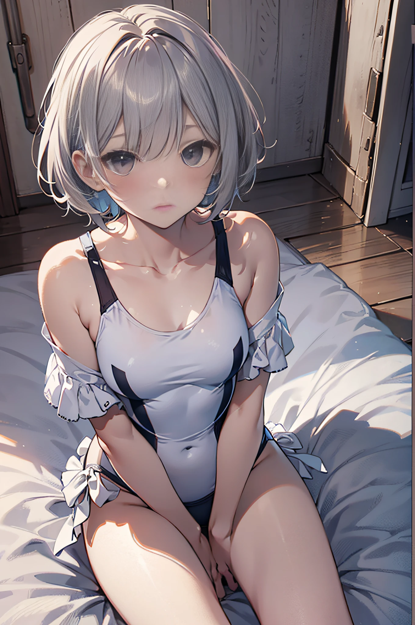 high-level image quality、top-quality、Detailed drawing、Does not blush cheeks、Slender beauty、Docile、White swimsuit、Small eyes、Smaller chest、Gray Hair Shortcut Hair、Petanko sitting、Sister sitting、Inner thigh-sitting、a bed