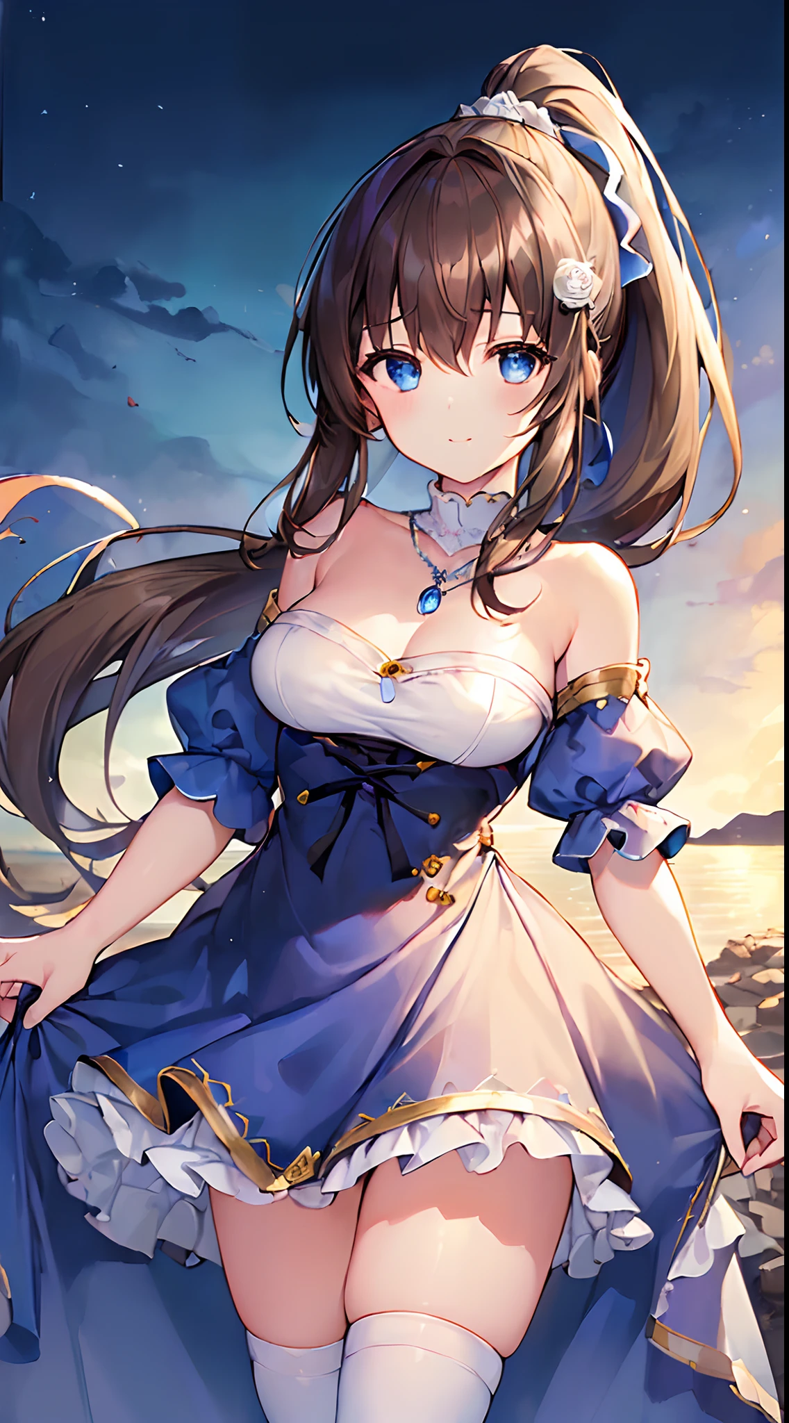 (top-quality:1.5)、(masterpiece:1.5)、(hight resolution:2.0)、Beauty alone、Adult sister、(A slight smil)、Mouth open、blue eyess、(light brown hair:1.5)、Longhaire、Hair that spreads naturally、(High Ponytail:1.5)、((blue princess dress))、Gold Decoration Dresses、tiered layers skirt、Strapless、Detached sleeve、Puffy sleeves、medium large breasts、There is a valley、open clothes、a necklace、White mini skirt、((Black knee socks))、(Absolute Area)、under the water、Bunching hair、(FULL BODYSHOT)、White rose hair ornament、A detailed face