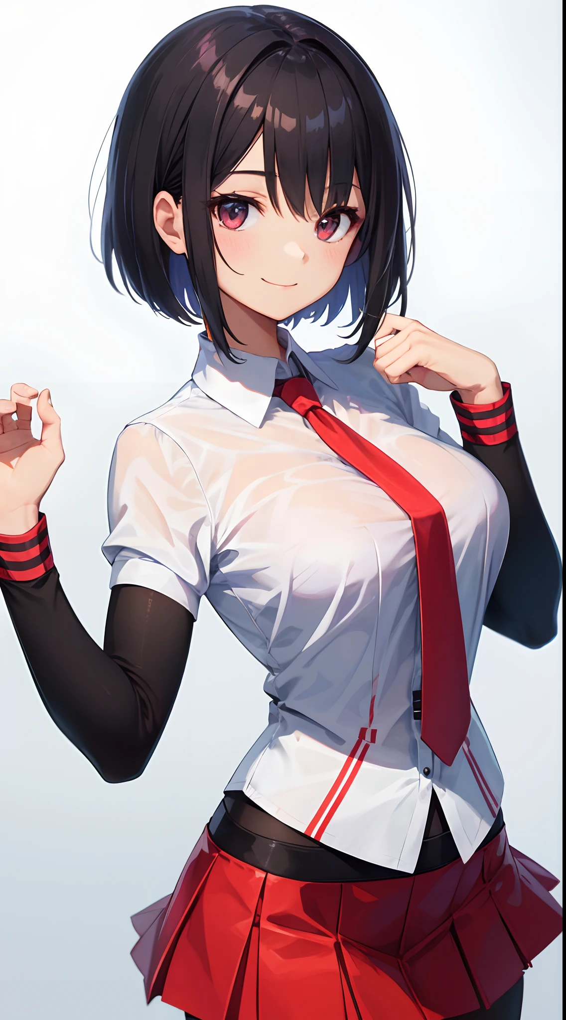 ​masterpiece、top-quality、detaile、hight resolution、extremely delicate and beautiful、Short bob with black hair、simple background、upper body closeup、beutiful breast、White cutter shirt、red necktie、Red checked miniskirt、Black tights、Smile
