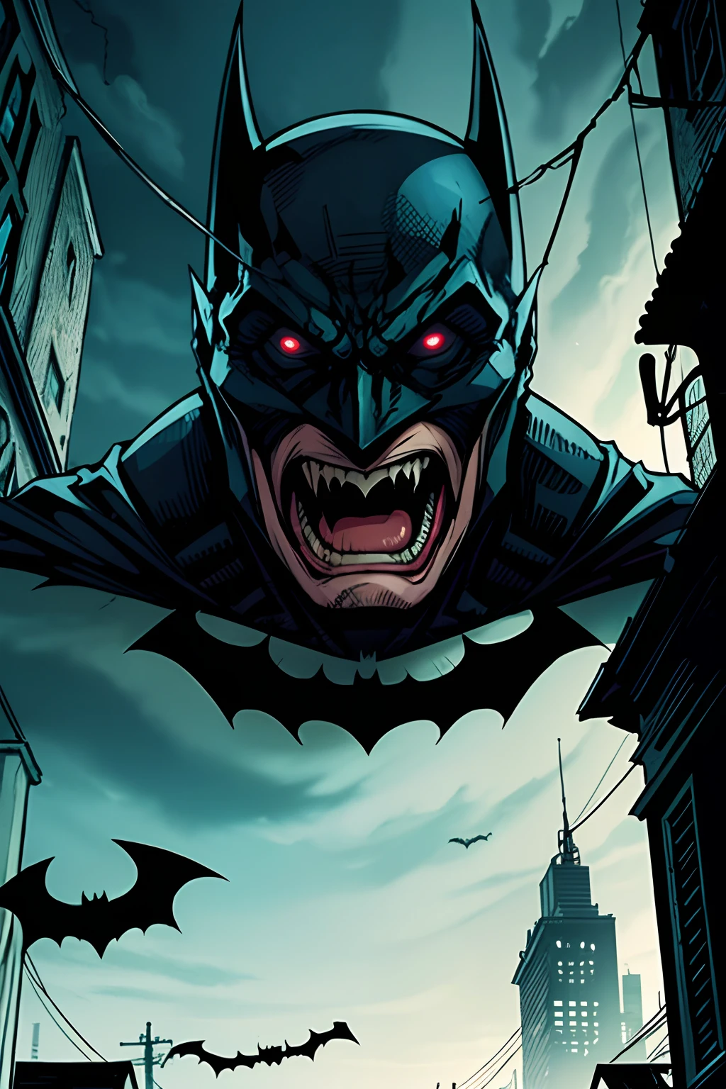 scary batman, screaming, creepy picture, gotham city alley background