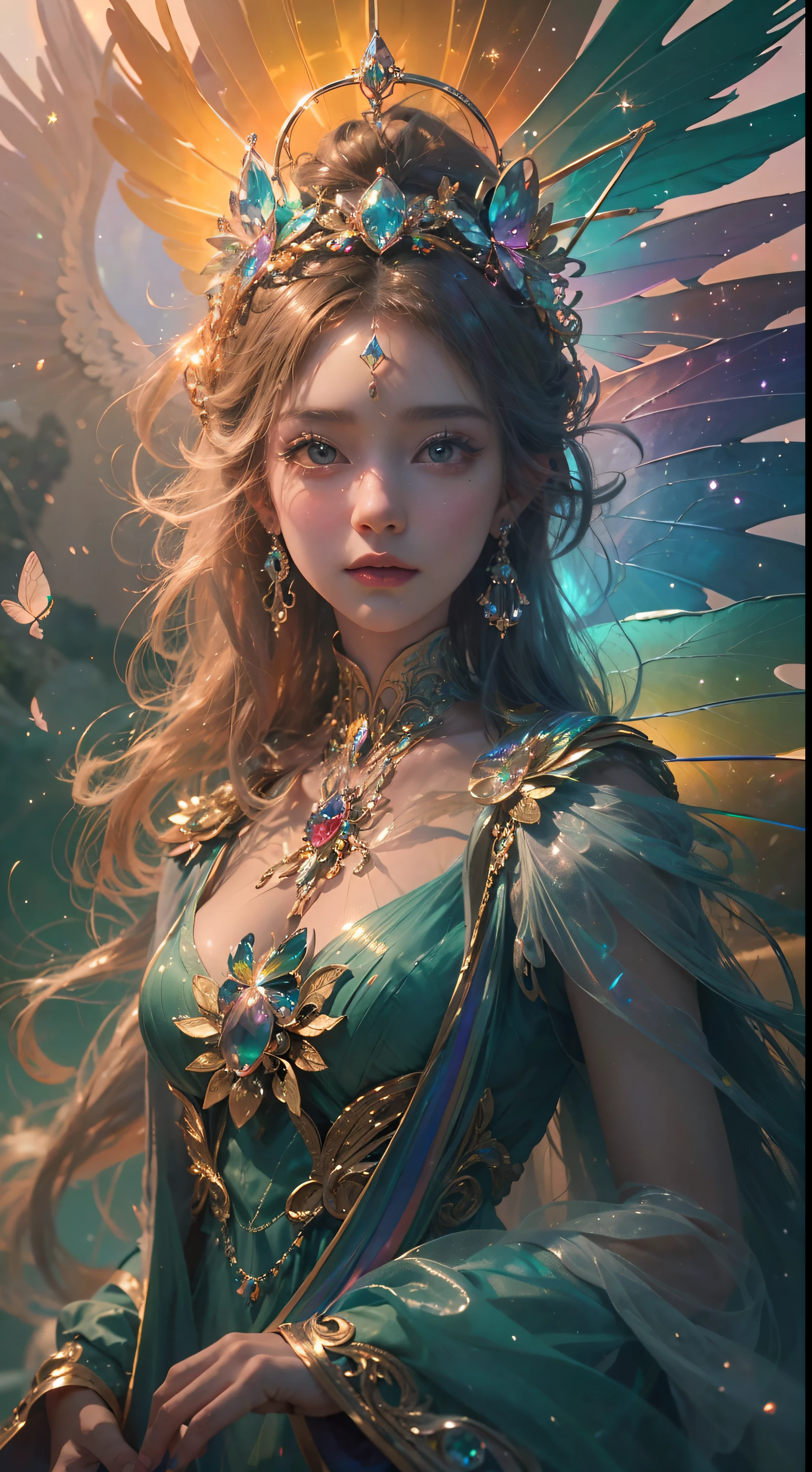(((masterpiece))), (((best quality))), ((ultra-detailed)),(highly detailed CG illustration), ((an extremely delicate and beautiful)),cinematic light, Create a stunning fantasy artwork that mimics the style of currently trending masters of the genre. The art piece should contain elements of both mythic fantasy and fairytale fantasy with dreamy rainbow accents. ((Utilize the rainbow as the main color scheme.)) The character in the artwork is a delicate but strong petite figure with an aura of mystery and magic and (beautiful translucent rainbow wings). Pay close attention to intricate facial features, such as mesmerizing eyes with vibrant colors and bold shading. The character's clothing should be designed with gossamer feathers, silk, stunning embroidery, and subtle iridescent details. Incorporate (((translucent rainbows))), dreamy colors, dynamic lighting, and detailed background elements to create a sense of awe and immersion. Include colorful flying magical birds and jewel-toned rainbow butterflies radiating a magical aura. Consider the latest trends in fantasy art, such as incorporating unique lighting effects, exploring dynamic and compelling composition techniques, and experimenting with unique color palettes. Take inspiration from the top artists on ArtStation and Midjourney. Camera: Choose an angle that highlights the character's beauty and enhances the magical majesty of the artwork. Lighting: Utilize atmospheric lighting techniques to create depth and mood. Resolution: Aim for a high-resolution artwork to showcase intricate details and clarity. Art Inspirations: Seek inspiration from the trending artists on ArtStation, exploring different styles, genres, and themes.