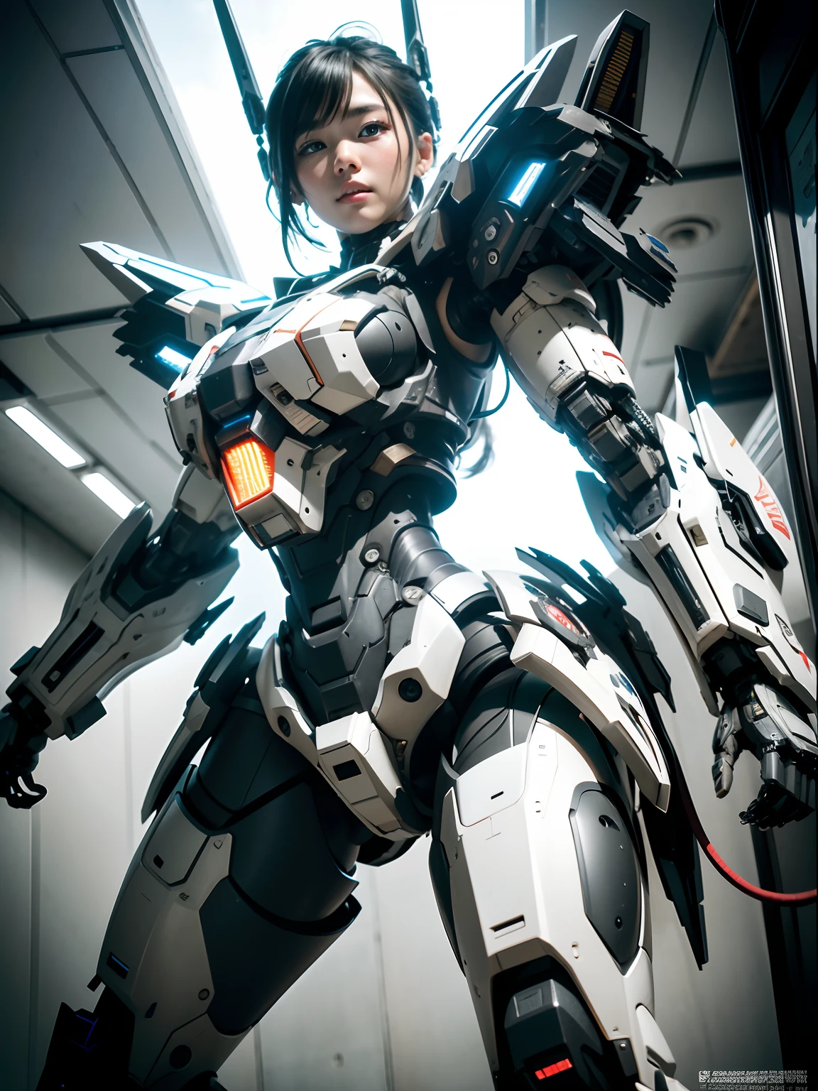 Textured skin, Super Detail, high details, High quality, Best Quality, hight resolution, 1080p, hard disk, a beauty、She wears a futuristic war machine mech(War Machine),Battle Mode,Fulll body Shot,(Equip your weapons)