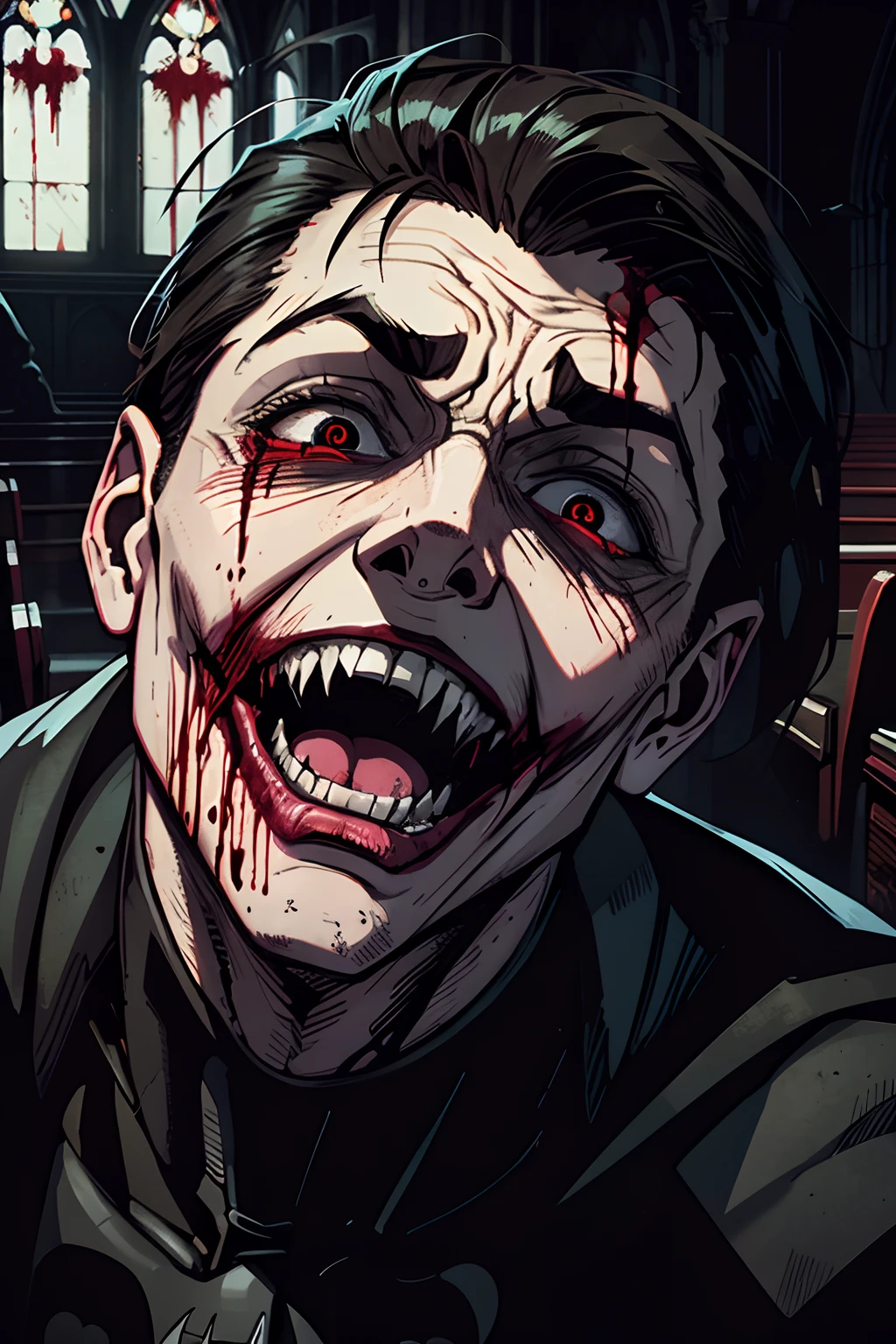 batman, screaming, blood dripping teeth, creepy picture, inside gotham city church, night time