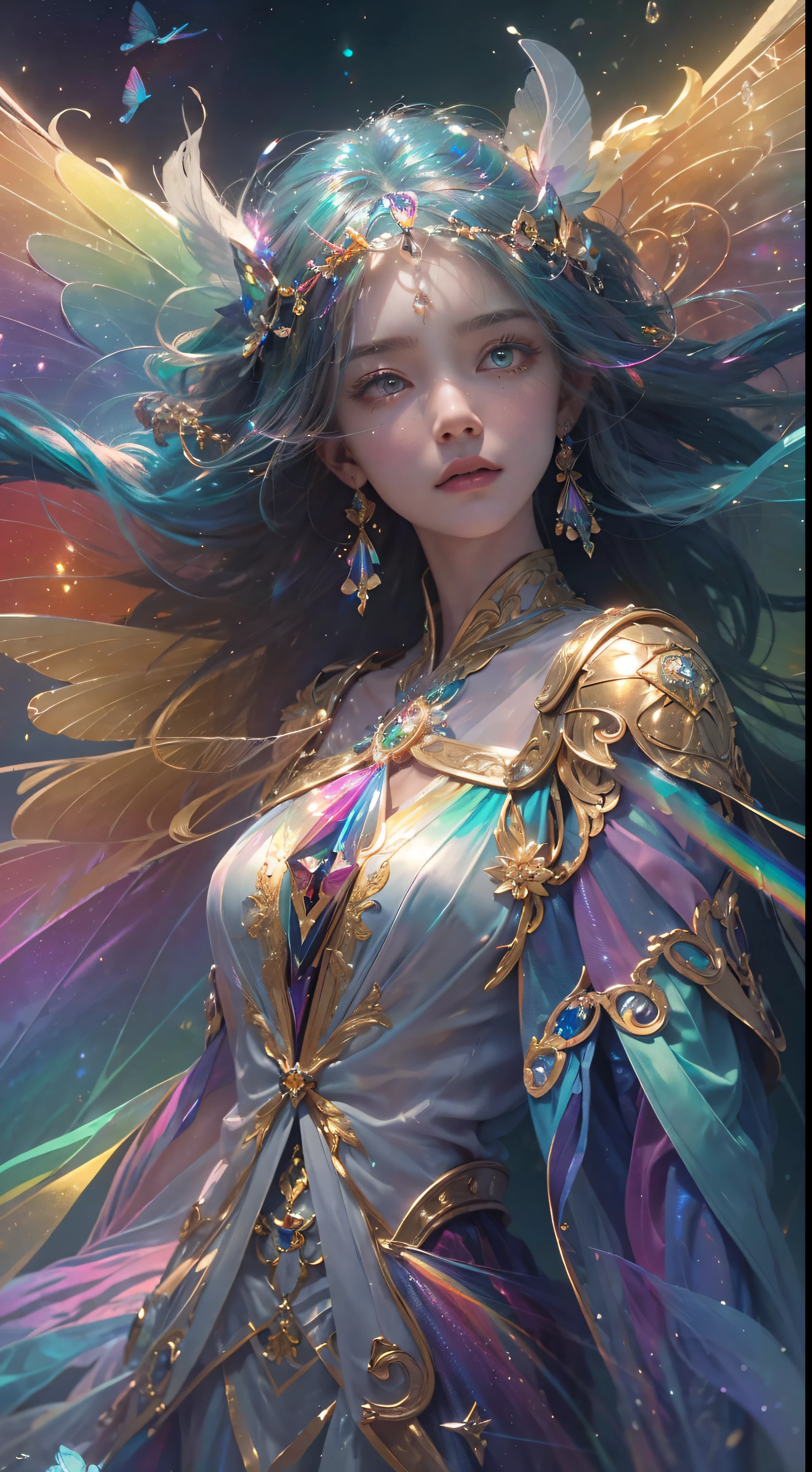 (((masterpiece))), (((best quality))), ((ultra-detailed)),(highly detailed CG illustration), ((an extremely delicate and beautiful)),cinematic light, Create a stunning fantasy artwork that mimics the style of currently trending masters of the genre. The art piece should contain elements of both mythic fantasy and fairytale fantasy with dreamy rainbow accents. ((Utilize the rainbow as the main color scheme.)) The character in the artwork is a delicate but strong petite figure with an aura of mystery and magic and (beautiful translucent rainbow wings). Pay close attention to intricate facial features, such as mesmerizing eyes with vibrant colors and bold shading. The character's clothing should be designed with gossamer feathers, silk, stunning embroidery, and subtle iridescent details. Incorporate (((translucent rainbows))), dreamy colors, dynamic lighting, and detailed background elements to create a sense of awe and immersion. Include colorful flying magical birds and jewel-toned rainbow butterflies radiating a magical aura. Consider the latest trends in fantasy art, such as incorporating unique lighting effects, exploring dynamic and compelling composition techniques, and experimenting with unique color palettes. Take inspiration from the top artists on ArtStation and Midjourney. Camera: Choose an angle that highlights the character's beauty and enhances the magical majesty of the artwork. Lighting: Utilize atmospheric lighting techniques to create depth and mood. Resolution: Aim for a high-resolution artwork to showcase intricate details and clarity. Art Inspirations: Seek inspiration from the trending artists on ArtStation, exploring different styles, genres, and themes.