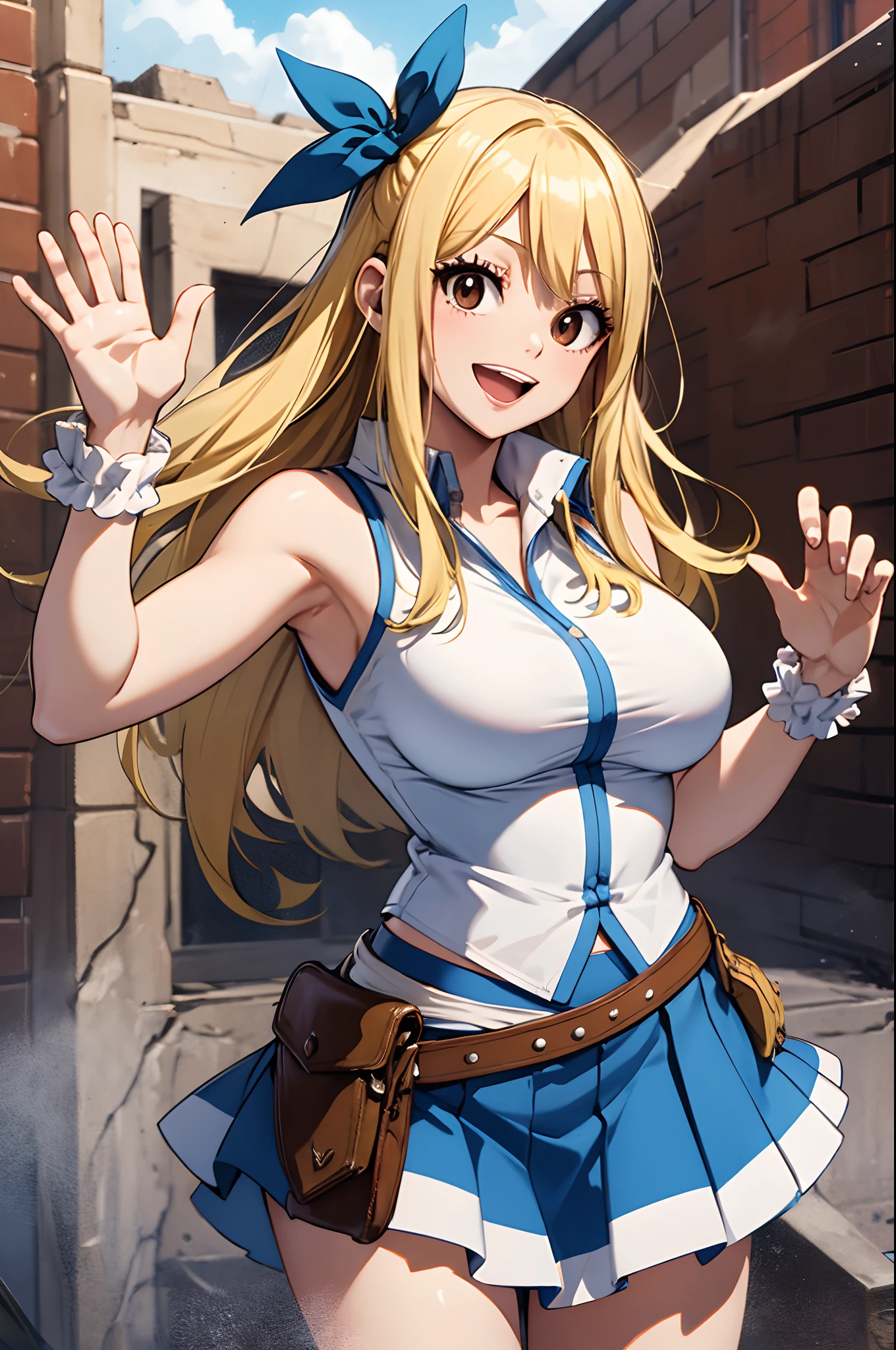 masterpiece, best quality, highres, lucy heartfilia, blonde hair, long hair, large breasts, white shirt, sleeveless, belt, blue skirt, cowboy shot, standing, looking at viewer, outdoors, waving, smile, open mouth,