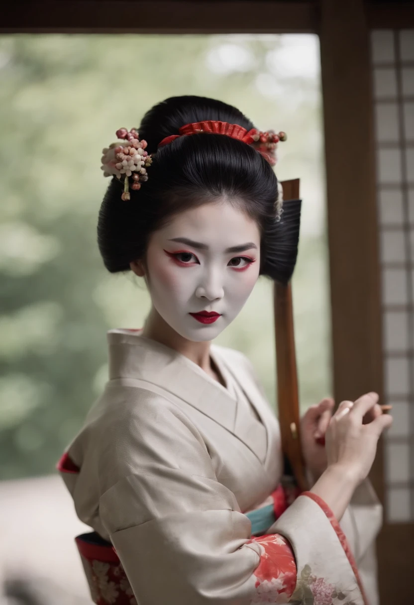 ((Best quality, 8K, Masterpiece :1.3)), Sharp focus:1.2 ((beautiful geisha. komono,hair stick,and ninjas))