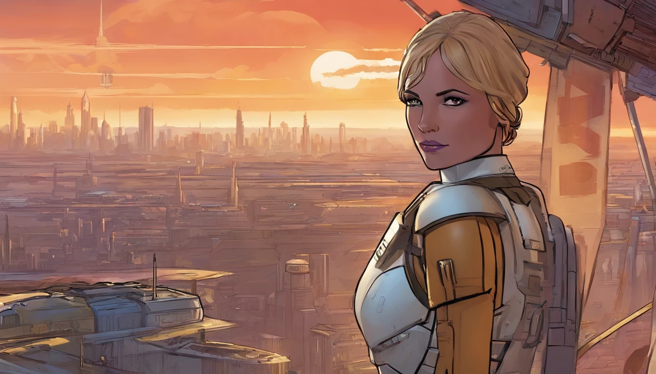 Close-up portrait of a girl, Girl Imperial Stormtrooper, city in the background, concept art by Magalie Villeneuve, trending on cg society, ""Star Wars"""": The Old Republic", concept art by Ralph McQuarrie