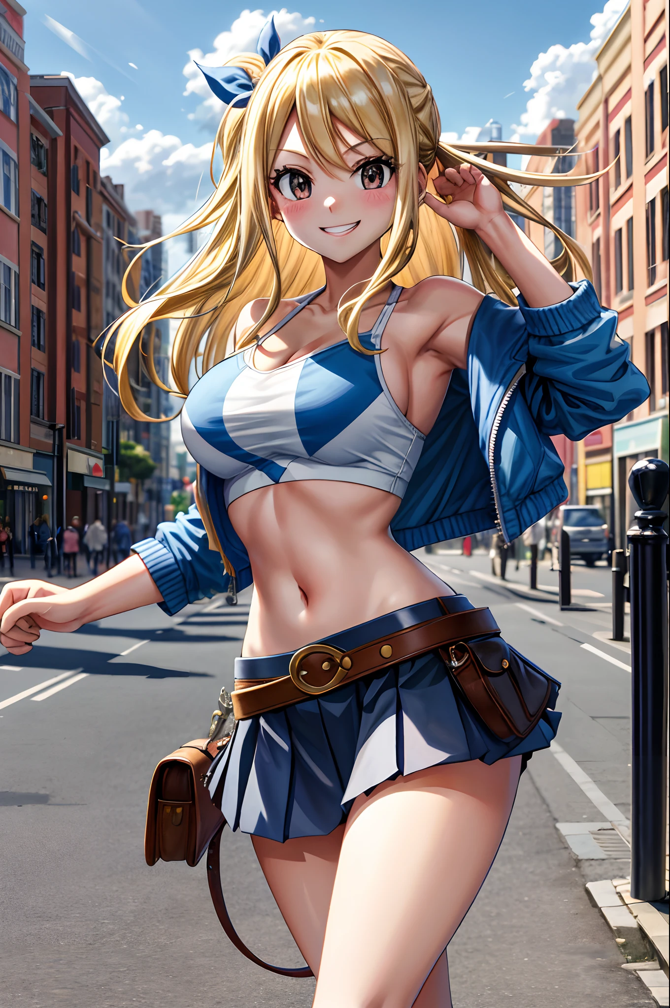 masterpiece, best quality, highres, lucy heartfilia, blonde hair, long hair, large breasts, jacket, crop top, bare shoulder, show stomach, belt, pleated skirt, cowboy shot, standing, looking at viewer, city road, outdoor, modern city road, blush, shy, smile, show teeth, stocking,