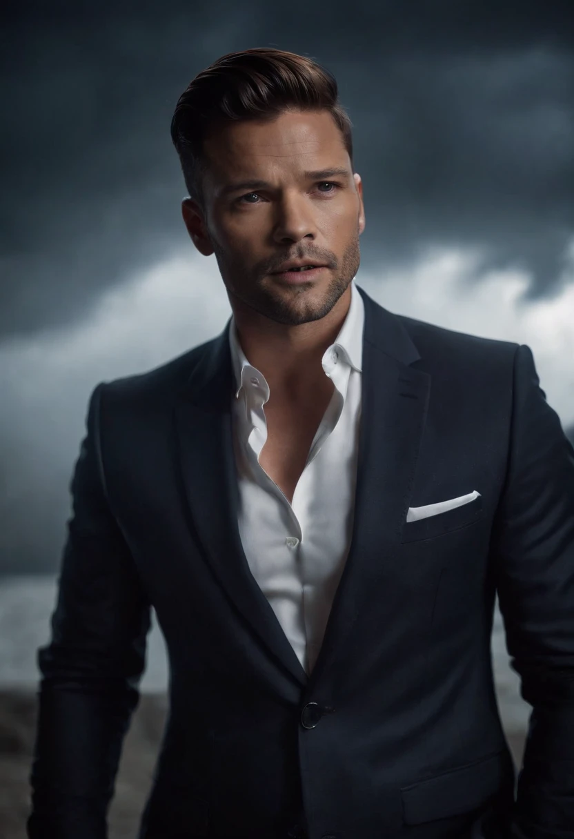 Ricky Martin,Hold the microphone,in suit,Singing,Stand on the door frame,dark stormy clouds