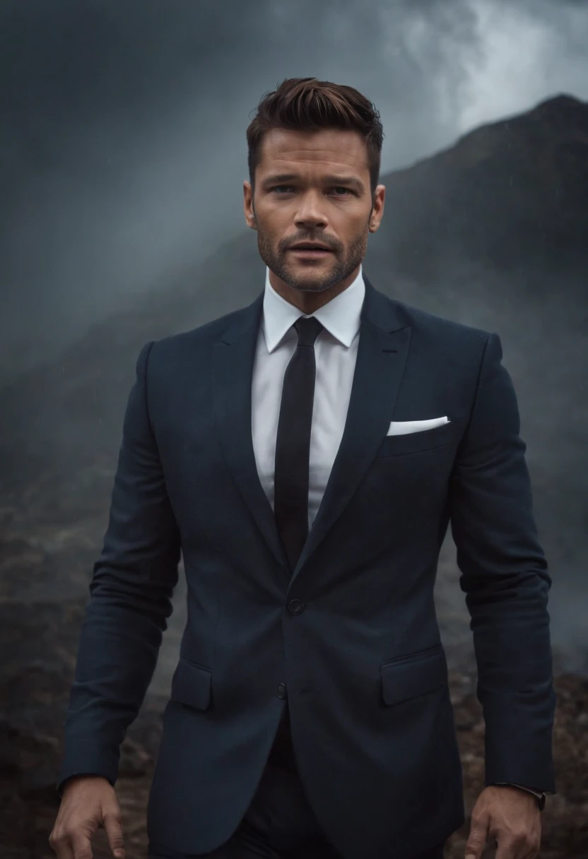 Ricky Martin,Hold the microphone,in suit,Singing,Stand on the door frame,dark stormy clouds