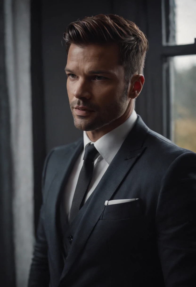 Ricky Martin,Hold the microphone,in suit,Singing,Stand on the door frame,dark stormy clouds