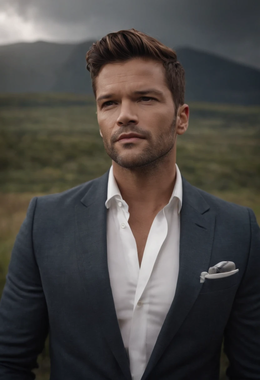 Ricky Martin,Hold the microphone,in suit,Singing,Stand on the door frame,dark stormy clouds