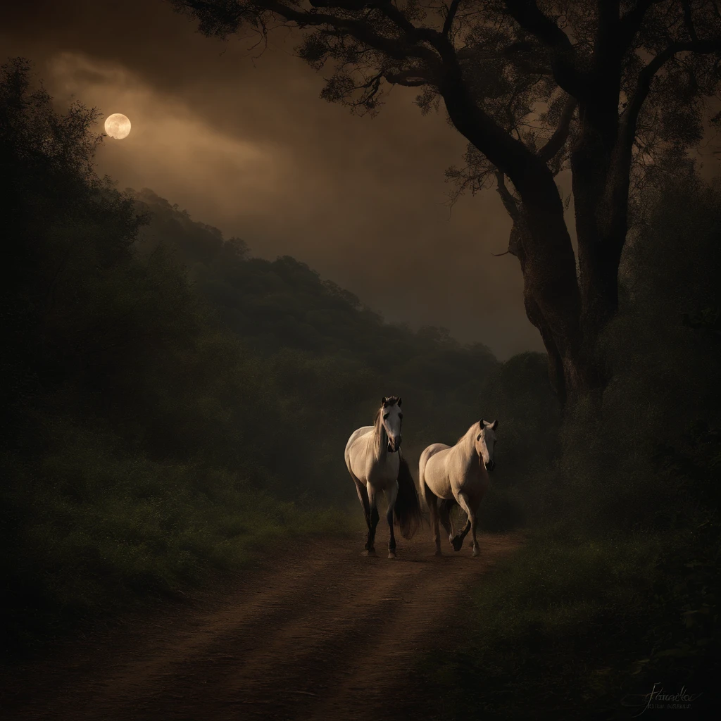 terror, Intimate scandal, Cavalo em chamas, Dark setting, floresta macabra;
media: Pintura digital vanguardista escura, HDR, ultra-detalhado
Cena: In a macabre forest shrouded in darkness, where moonlight barely pierces through the thick treetops, Uma cena de terror se desenrola. The scenery is ominous and haunting, com uma atmosfera de suspense e pavor.
Caracteres: No centro da floresta, There's an intimate scandal going on. Individuals, vestido com trajes vitorianos elaborados, Embrace passionately. Their faces are lit up by the flickering flames of horses that are on fire., que cria um ambiente sinistro e sobrenatural. Individuals' eyes reflect a mixture of fear, desejo, e culpa, aumentando a intensidade da cena. The whole scenery exudes an aura of enigmatic darkness.
detalhes: The forest is dense and full of gnarled trees with twisted branches, Criando um efeito de labirinto. The ground is covered with dry, folhas mortas e musgo, aumentando para uma atmosfera estranha. Os cavalos, engolfado pelas chamas, Galope pela floresta, casting long, sombras ardentes em seu caminho, leaving a trail of destruction in its wake. Smoke rises from burning horses, formando formas sinistras que se misturam com o ambiente escuro. The macabre forest is also inhabited by haunting creatures, como sombras retorcidas, Invisible eyes peering out of the darkness, e sussurros flutuando pelo ar.
Artistic style: The work should evoke a sense of horror and suspense, with elements of darkness and the macabre. It must be reminiscent of Gothic and Surrealist art, with a touch of Victorian aesthetics. As cores utilizadas devem ser profundas e ricas, with a predominance of dark tones, destacando a atmosfera estranha.
The lighting: The lighting in the scene is low and moody, with patches of moonlight filtering through dense foliage, casting long shadows that increase the sense of mystery and danger. As chamas dos corpos dos cavalos