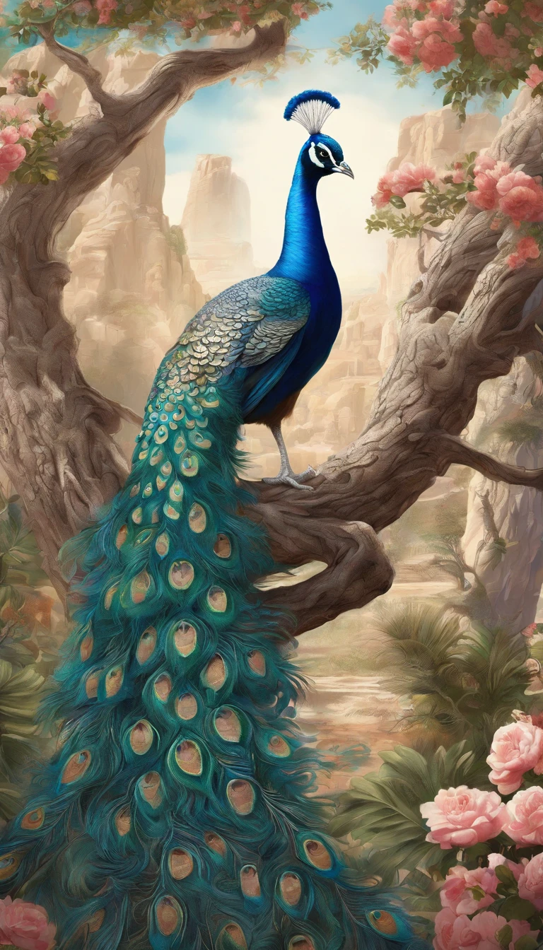 a close up of a peacock on a tree with flowers, beautiful and graceful, blue phoenix bird, (((show his whole beautiful tail ))),peacock. intricate, peaceful and graceful, peacock in the desert, detailed beautiful animals, peacock, 4 k highly detailed art, beautiful and elegant, detailed painting 4 k, beautiful masterpiece, 8k high quality detailed art