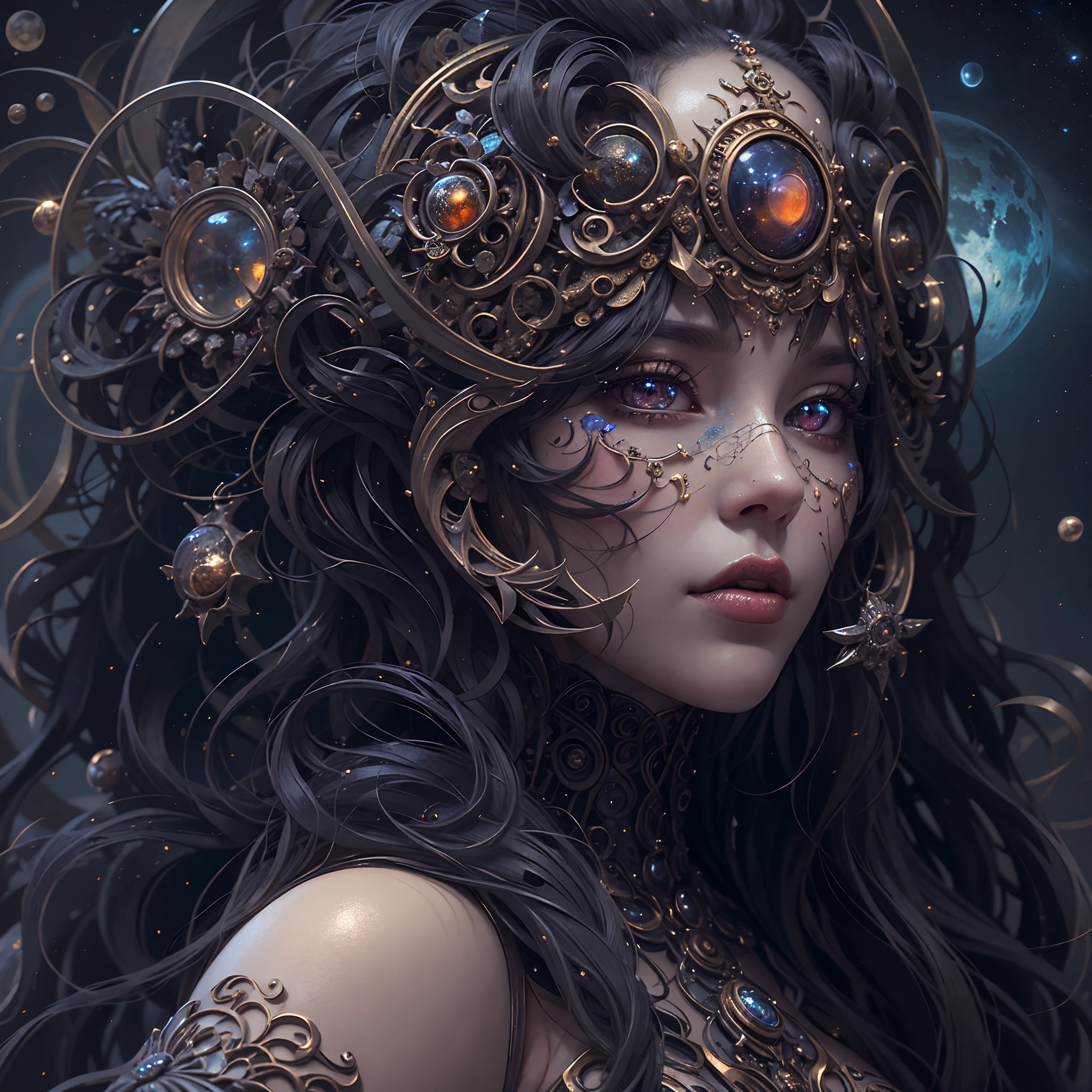 （best qualtiy，ultra - detailed，Most Best Illustration，Best Shadow，tmasterpiece，hight resolution，professionalartwork，famousartwork），Detailed eyes，beautidful eyes，closeup cleavage，sci-fy，colored sclera，Robotic eyes，face markings，tattooed，（fractalized，Fractal Eye），largeeyes，wide eyes，（Eye focus），sface focus，the eye of the universe，the eye of the universe，Close up of metal sculpture of woman with moon in hair，goddes。extremely high detail，3 d goddess portrait，Highly detailed footage of the goddess，a stunning portrait of a goddess，Side image of the goddess，portrait of a beautiful goddess，Full body close-up of goddess，Goddess of Hecate，portrait of a norse moon goddess，goddess of space and time