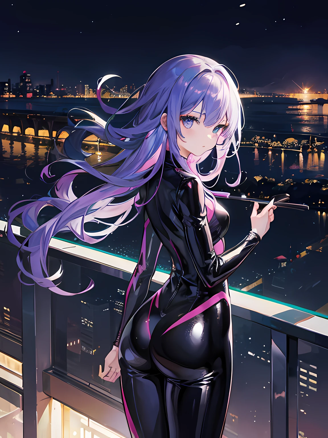 1woman wearing a shiny catsuit stalks the city at night looking at viewer