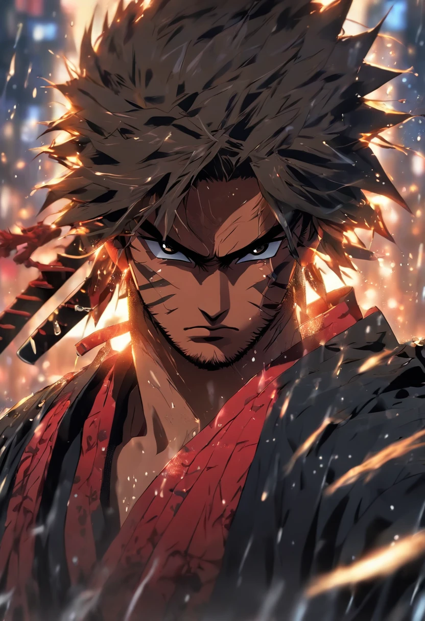A Japanese swordsman, wearing a black haori, katana on waist, cinematic,water droplets, raining,in the middle of a battlefield, surrounded by other samurai,short spiky hair,laid back hair,scar on face