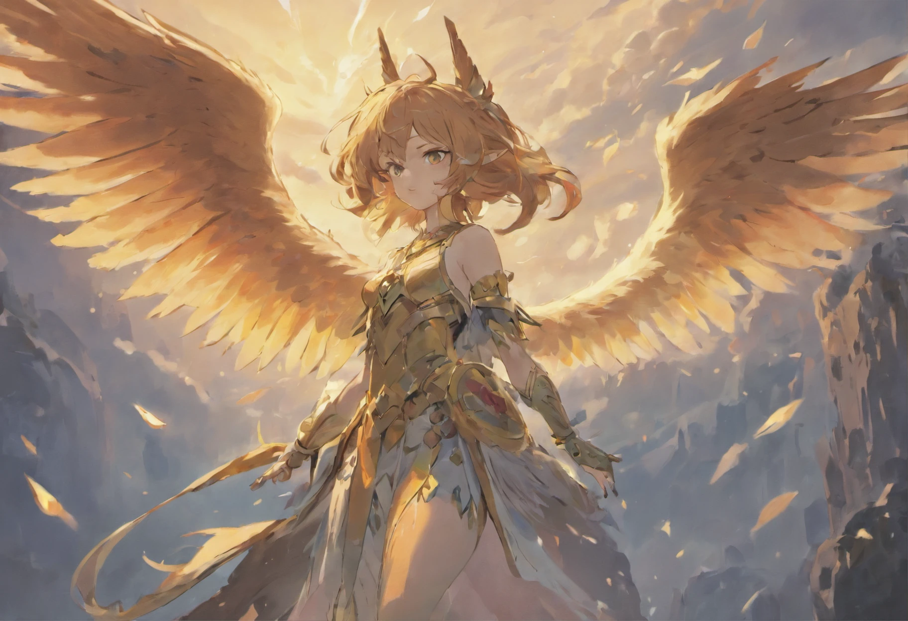 Gryphon, mythological creatures, Majestic, Powerful wings, Lion body, Eagle head, Fierce gaze, Sharp claws, feater, Golden beak, Large size, Flying, Mountains, Cloudy sky, Ancient ruins, Fantasy realm, mythological landscape, Epic, magical, mythological creatures, mythological beasts, Fierce, Mythical monsters