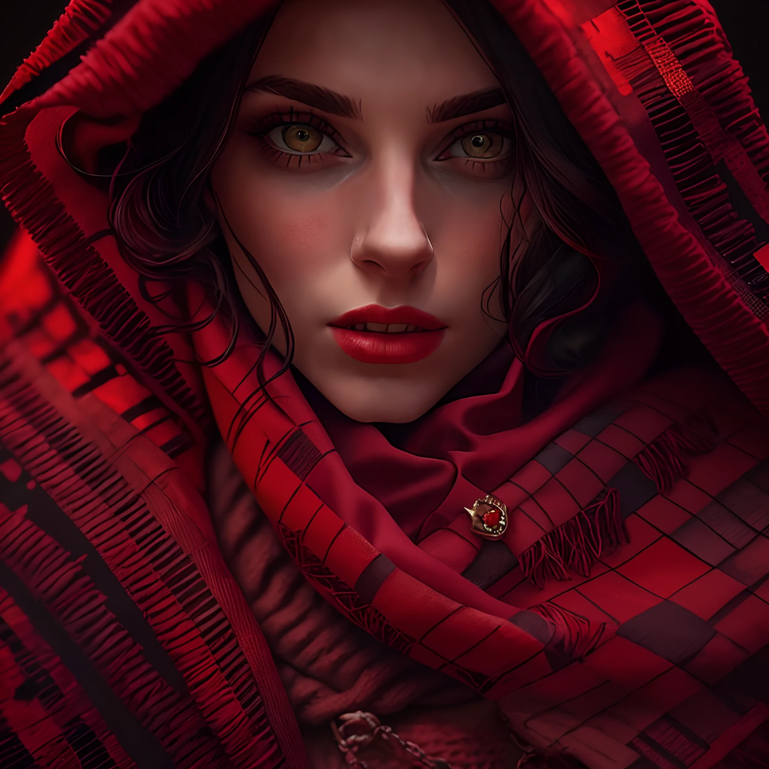 Close up portrait of woman wearing red scarf and red hood, beautiful portrait photo, Dressed in a beautiful red cloak, red scarf, portrait shot, Red cloth, The face and skin are dark red, Mysterious Woman, Devotion to the scarlet woman, closeup portrait shot, Red color silk, karol bak uhd, Red silk flowing fabric