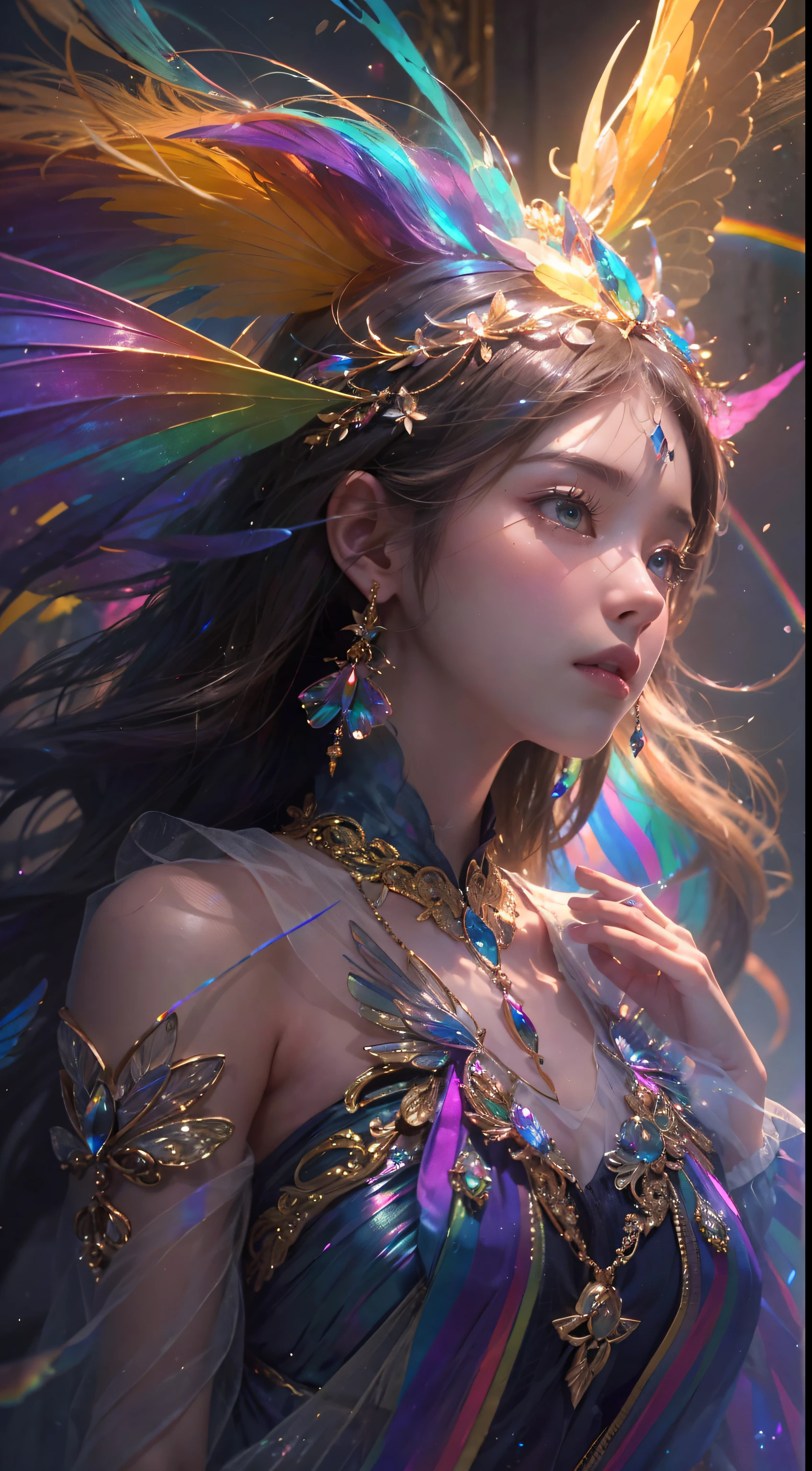 (((masterpiece))), (((best quality))), ((ultra-detailed)),(highly detailed CG illustration), ((an extremely delicate and beautiful)),cinematic light, Create a stunning fantasy artwork that mimics the style of currently trending masters of the genre. The art piece should contain elements of both mythic fantasy and fairytale fantasy with dreamy rainbow accents. ((Utilize the rainbow as the main color scheme.)) The character in the artwork is a delicate but strong petite figure with an aura of mystery and magic and (beautiful translucent rainbow wings). Pay close attention to intricate facial features, such as mesmerizing eyes with vibrant colors and bold shading. The character's clothing should be designed with gossamer feathers, silk, stunning embroidery, and subtle iridescent details. Incorporate (((translucent rainbows))), dreamy colors, dynamic lighting, and detailed background elements to create a sense of awe and immersion. Include colorful flying magical birds and jewel-toned rainbow butterflies radiating a magical aura. Consider the latest trends in fantasy art, such as incorporating unique lighting effects, exploring dynamic and compelling composition techniques, and experimenting with unique color palettes. Take inspiration from the top artists on ArtStation and Midjourney. Camera: Choose an angle that highlights the character's beauty and enhances the magical majesty of the artwork. Lighting: Utilize atmospheric lighting techniques to create depth and mood. Resolution: Aim for a high-resolution artwork to showcase intricate details and clarity. Art Inspirations: Seek inspiration from the trending artists on ArtStation, exploring different styles, genres, and themes,(8K, RAW photo, highest quality),Realistic,facade,Intricate detail,Extremely detailed eyes and eyelashes,Portrait,Close-up,, digital SLR camera, super quality, Fujifilm realistic, vivid details, surreal, beautiful wallpapers, 8k, best quality, masterpiece, extremely detailed, pc graphics, unity,