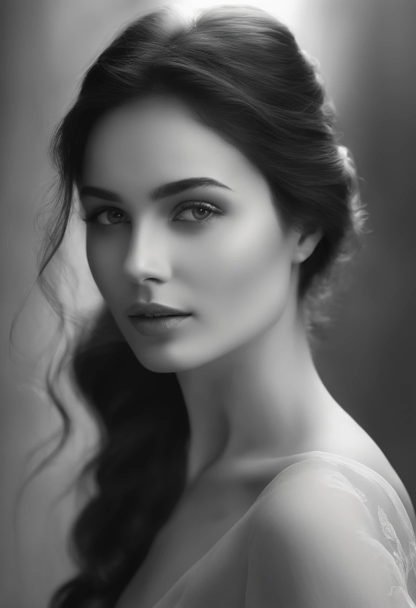 (best quality, highres, ultra-detailed, realistic:1.37), portrait, black and white, soft lighting, minimalistic background, focused eyes, delicate lips, detailed facial features, graceful pose, monochrome aesthetics, ethereal beauty, charming expression, shy smile, dreamy atmosphere, captivating gaze, delicate collarbone, flawless skin, graceful neck, subtle shadows, nostalgic mood, elegant composition.