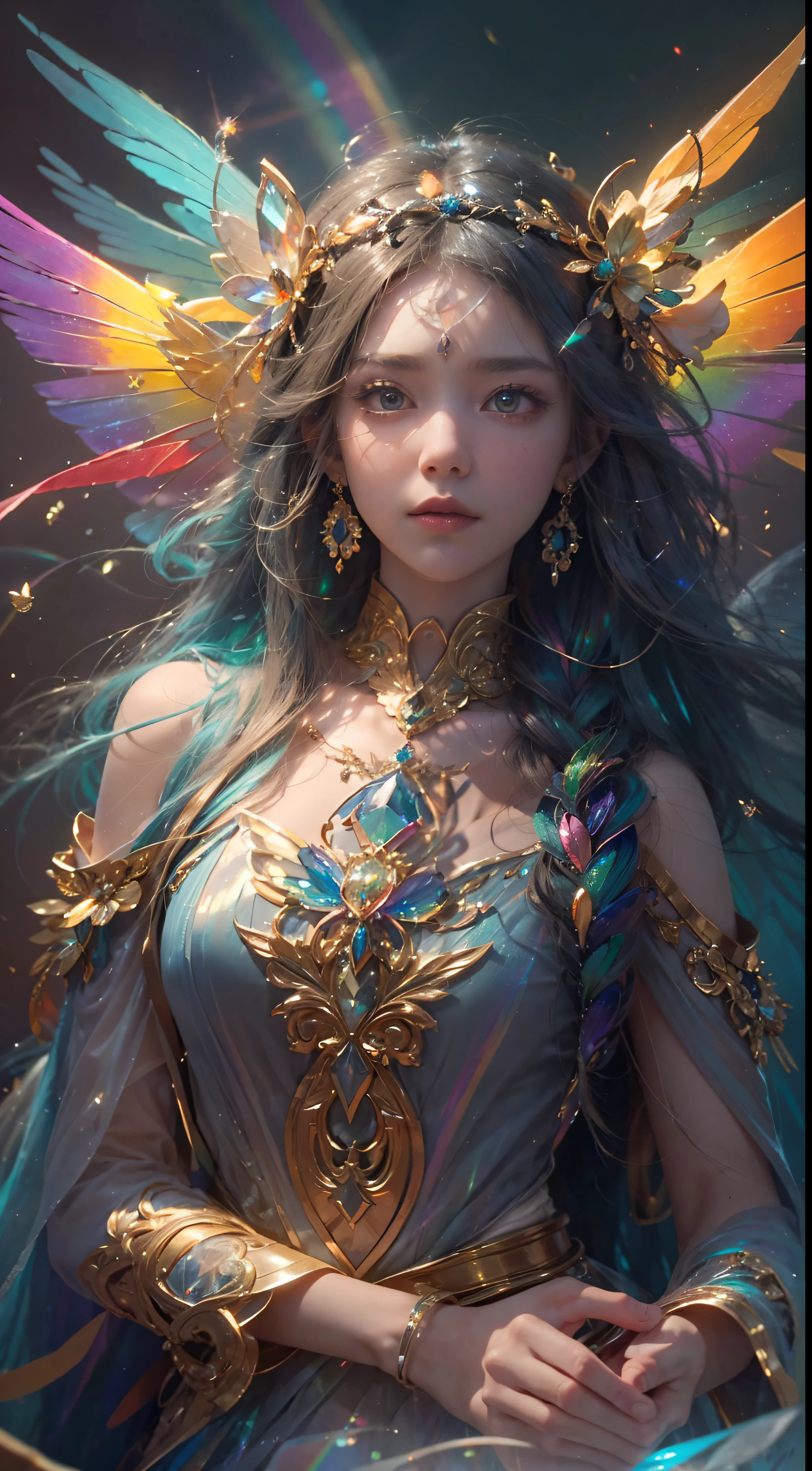 (((masterpiece))), (((best quality))), ((ultra-detailed)),(highly detailed CG illustration), ((an extremely delicate and beautiful)),cinematic light, Create a stunning fantasy artwork that mimics the style of currently trending masters of the genre. The art piece should contain elements of both mythic fantasy and fairytale fantasy with dreamy rainbow accents. ((Utilize the rainbow as the main color scheme.)) The character in the artwork is a delicate but strong petite figure with an aura of mystery and magic and (beautiful translucent rainbow wings). Pay close attention to intricate facial features, such as mesmerizing eyes with vibrant colors and bold shading. The character's clothing should be designed with gossamer feathers, silk, stunning embroidery, and subtle iridescent details. Incorporate (((translucent rainbows))), dreamy colors, dynamic lighting, and detailed background elements to create a sense of awe and immersion. Include colorful flying magical birds and jewel-toned rainbow butterflies radiating a magical aura. Consider the latest trends in fantasy art, such as incorporating unique lighting effects, exploring dynamic and compelling composition techniques, and experimenting with unique color palettes. Take inspiration from the top artists on ArtStation and Midjourney. Camera: Choose an angle that highlights the character's beauty and enhances the magical majesty of the artwork. Lighting: Utilize atmospheric lighting techniques to create depth and mood. Resolution: Aim for a high-resolution artwork to showcase intricate details and clarity. Art Inspirations: Seek inspiration from the trending artists on ArtStation, exploring different styles, genres, and themes.