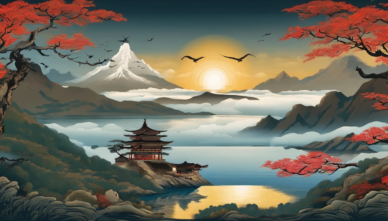 Yamakawa，rios，Sun，Mountain and Sea Skylark Scroll，Ancient mythology《Mountain and Sea Sutra》，mythological beasts，Epic composition，shadowing，National style